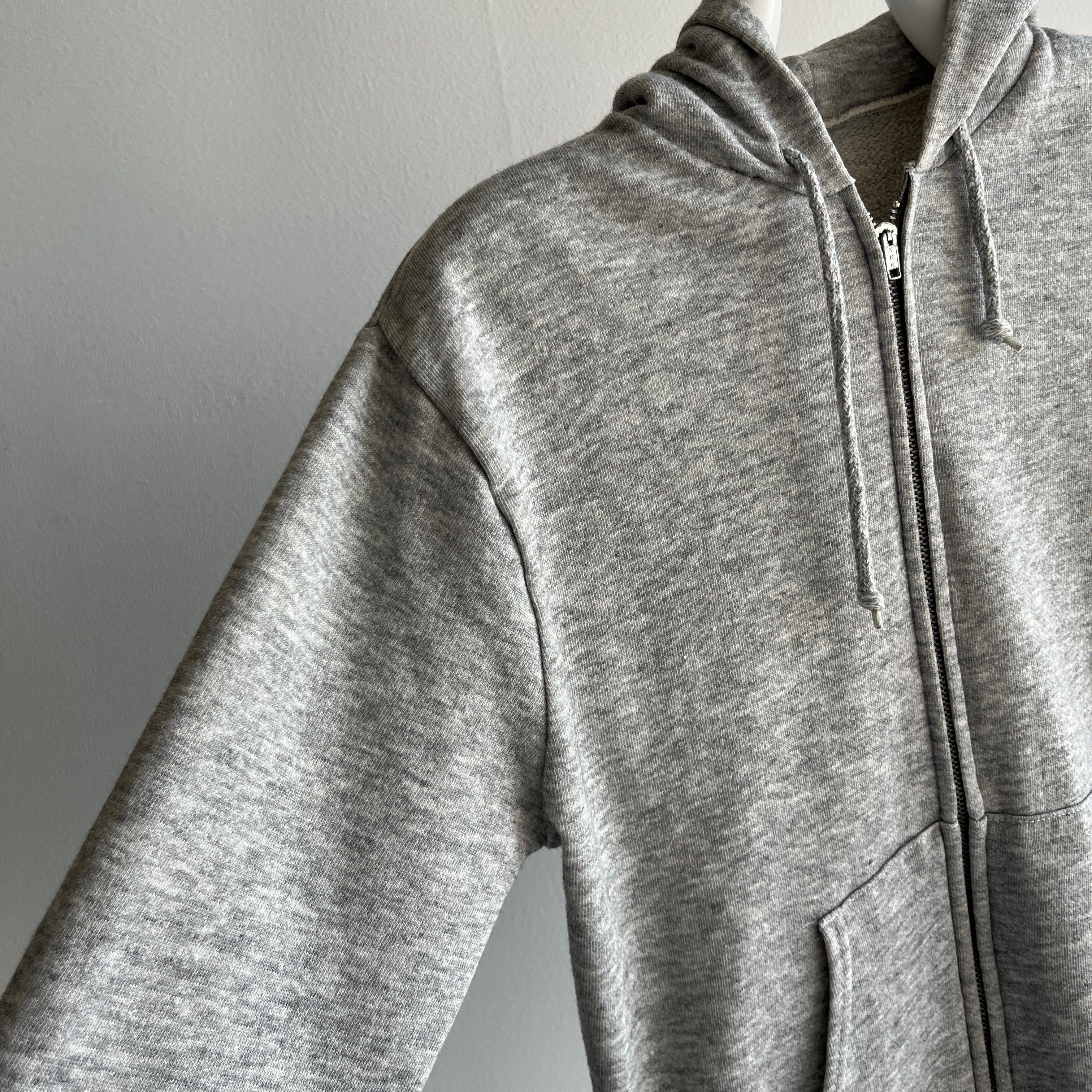 1980s Gray Zip Up Hoodie - Long Slim Fit