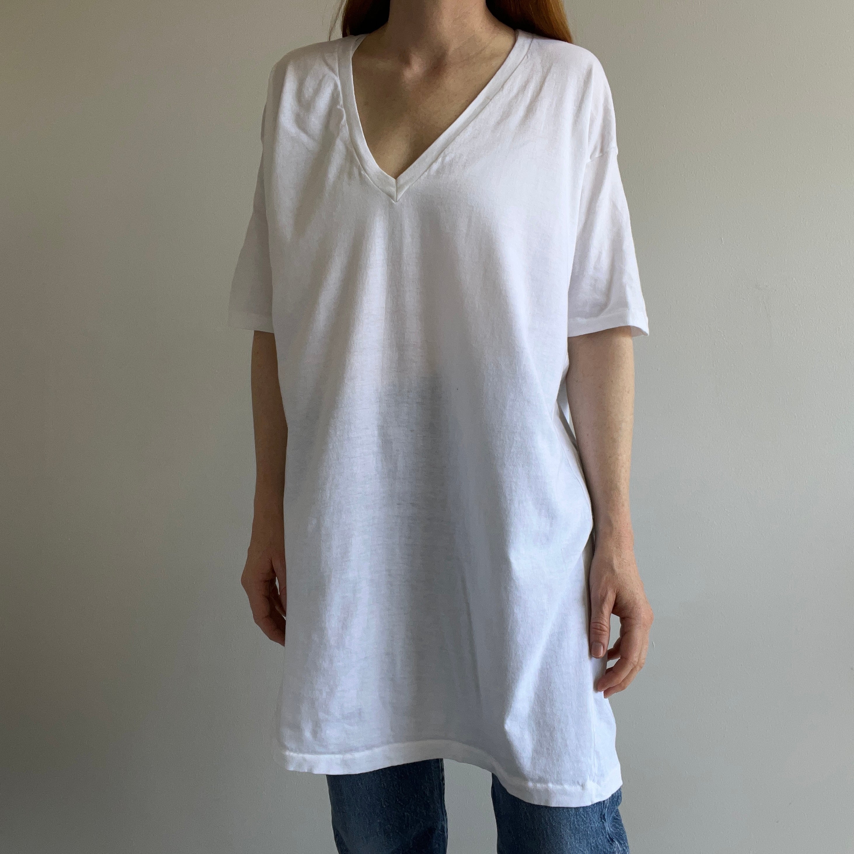 1990s X Long Blank White V-Neck by Jockey