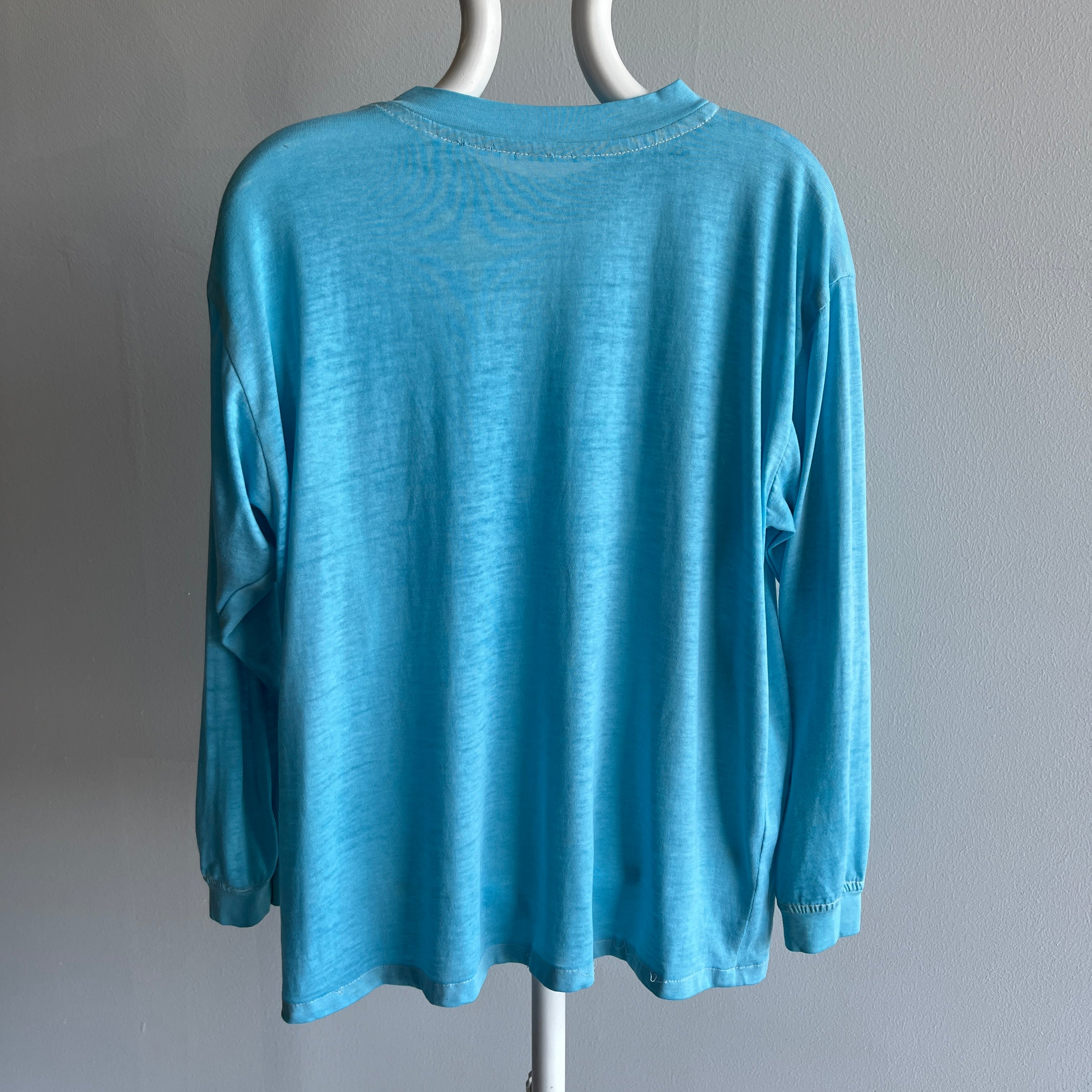 1970/80s Super Thinned Out Long Sleeve Pocket T-Shirt - Aqua Blue - SUPER STAINED