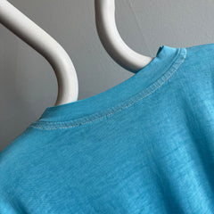 1970/80s Super Thinned Out Long Sleeve Pocket T-Shirt - Aqua Blue - SUPER STAINED