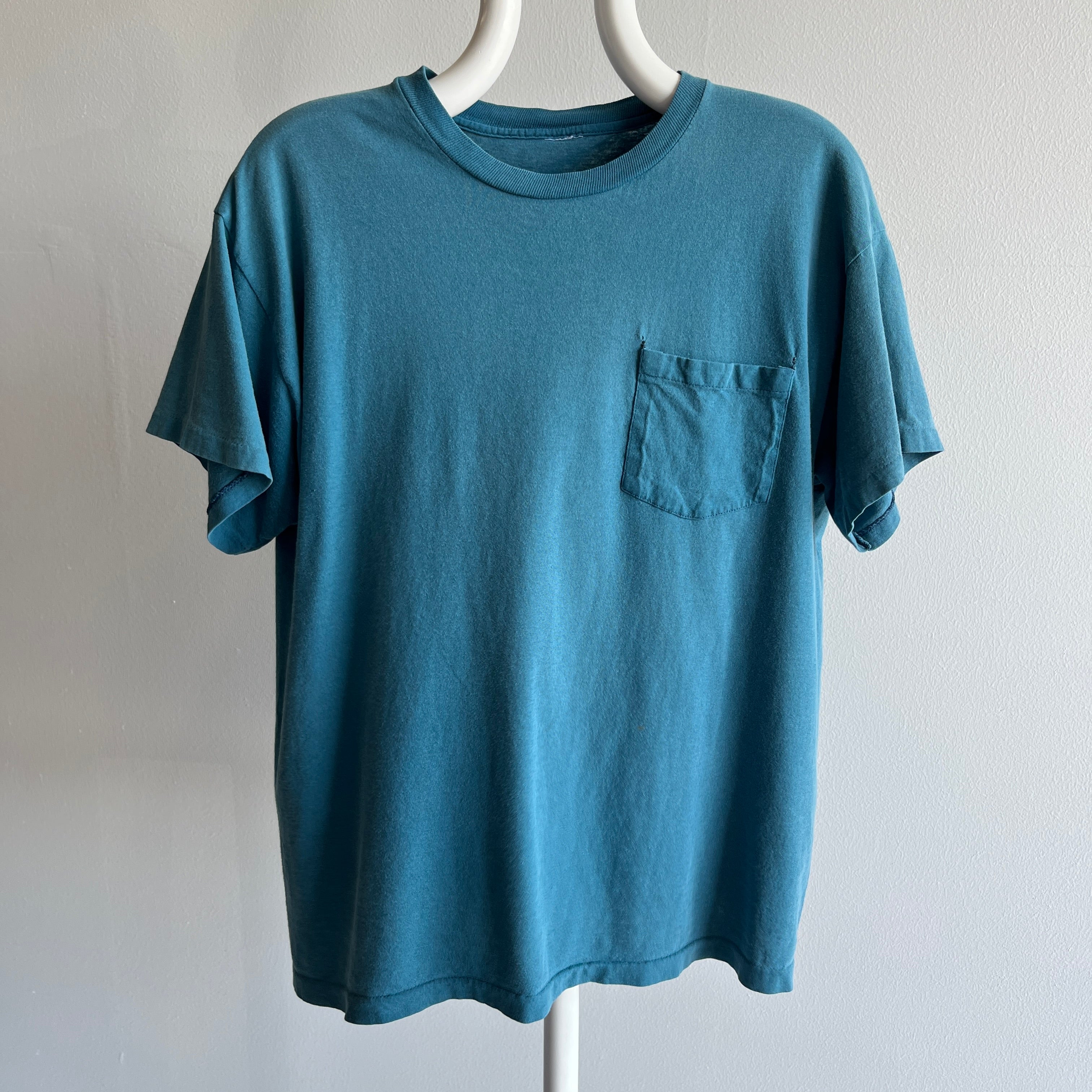 1980s Aqua Teal Steal Blue Mended Cotton Pocket T-Shirt - !!!