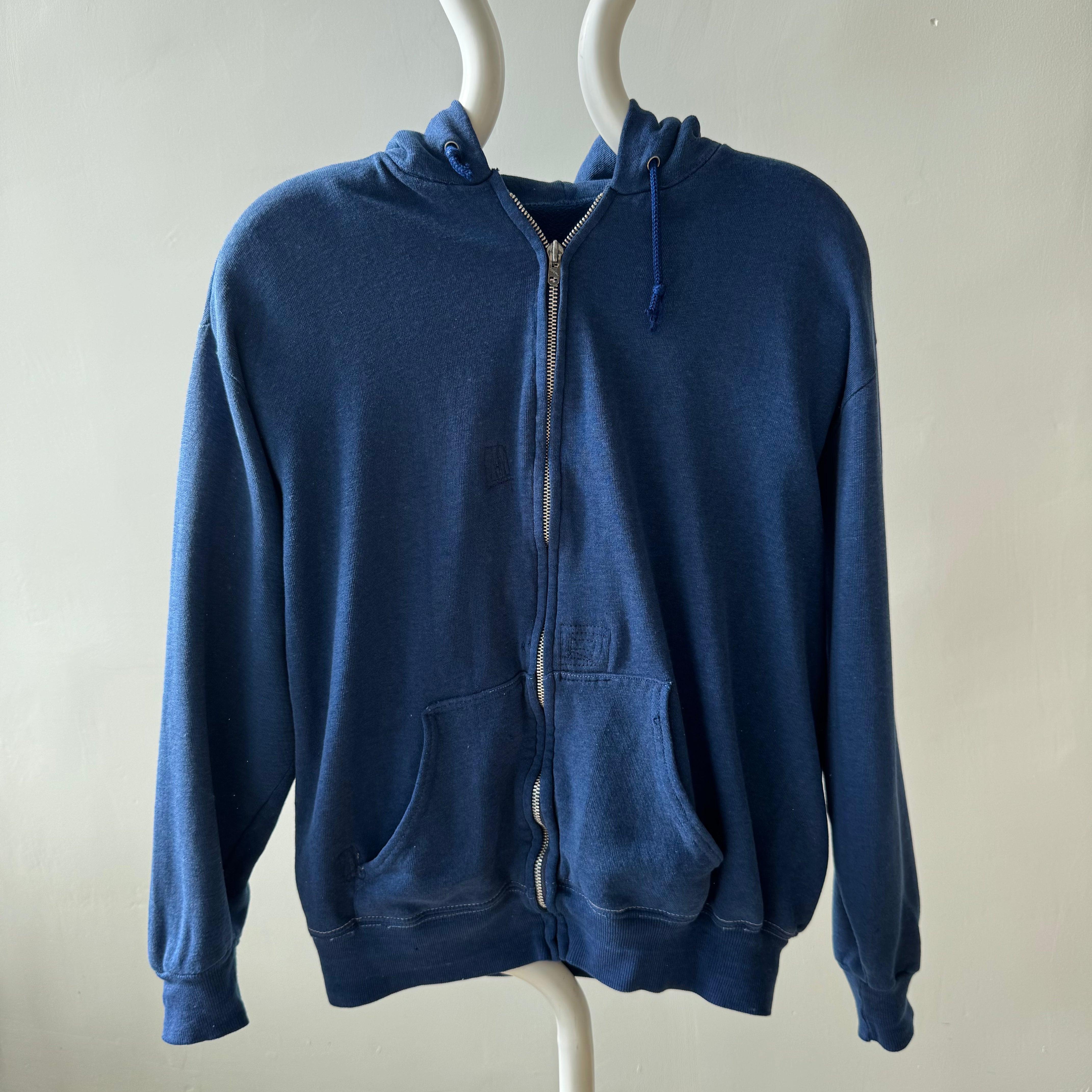 1970s Navy Zip Up Hoodie with Contrast Stitching - Silky Soft with Visible Mending