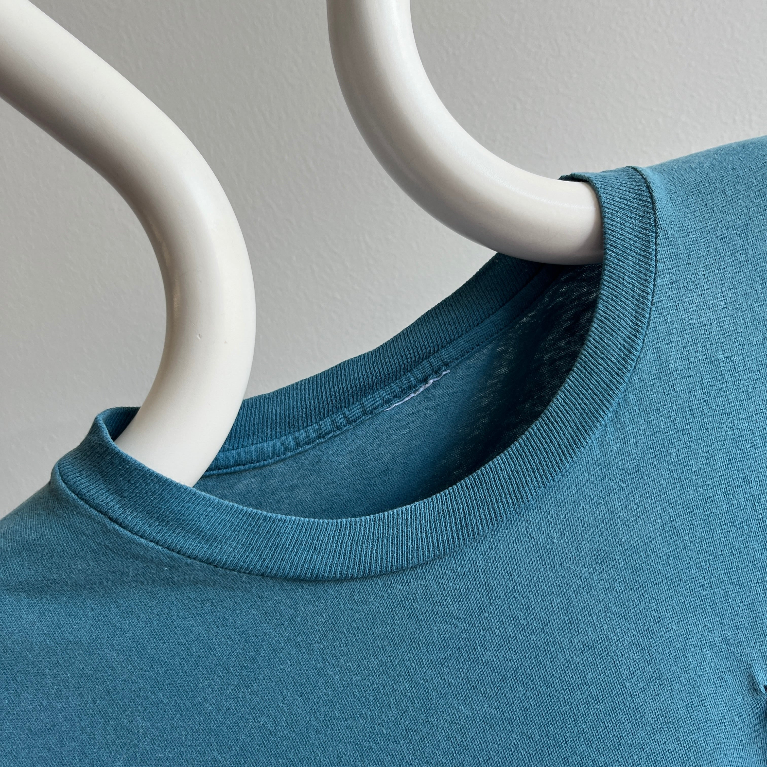 1980s Aqua Teal Steal Blue Mended Cotton Pocket T-Shirt - !!!