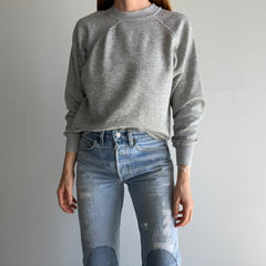 1980s Nicely Tattered Split Collar Blank Gray Sweatshirt