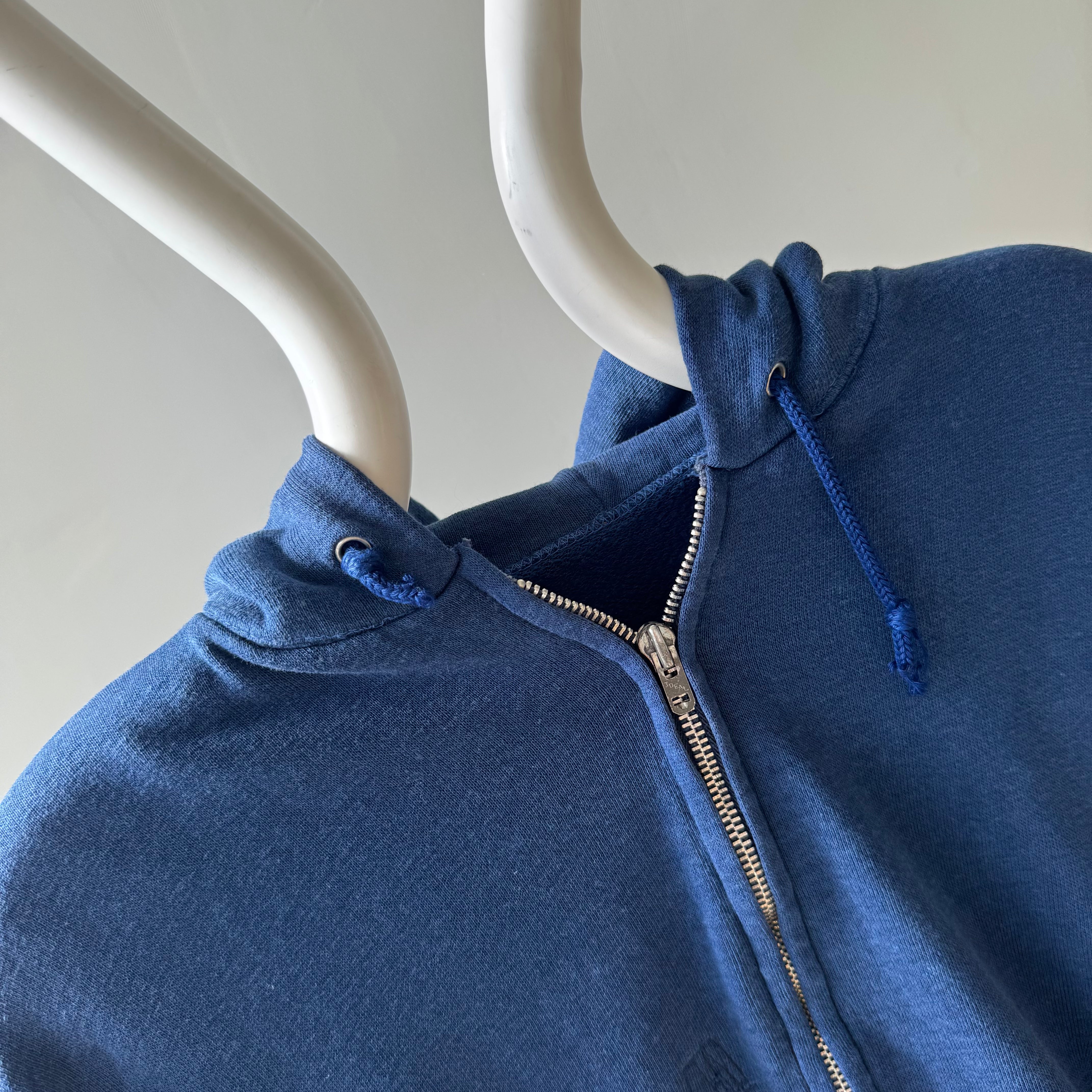 1970s Navy Zip Up Hoodie with Contrast Stitching - Silky Soft with Visible Mending