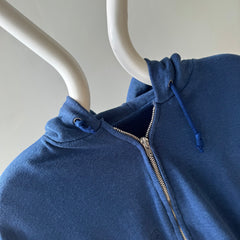 1970s Navy Zip Up Hoodie with Contrast Stitching - Silky Soft with Visible Mending