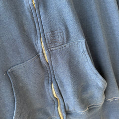 1970s Navy Zip Up Hoodie with Contrast Stitching - Silky Soft with Visible Mending