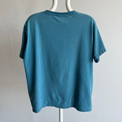 1980s Aqua Teal Steal Blue Mended Cotton Pocket T-Shirt - !!!