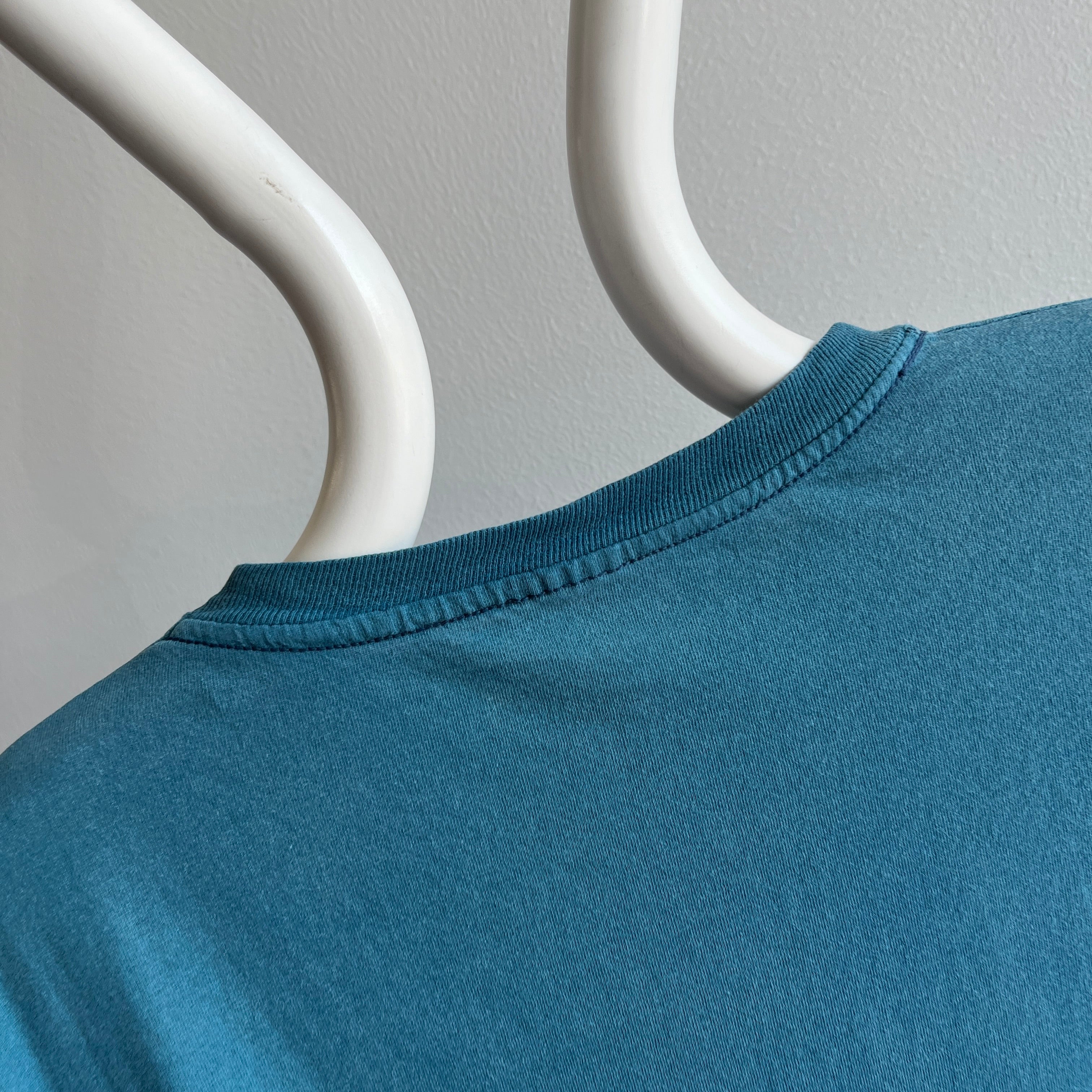 1980s Aqua Teal Steal Blue Mended Cotton Pocket T-Shirt - !!!