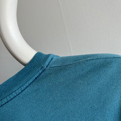 1980s Aqua Teal Steal Blue Mended Cotton Pocket T-Shirt - !!!