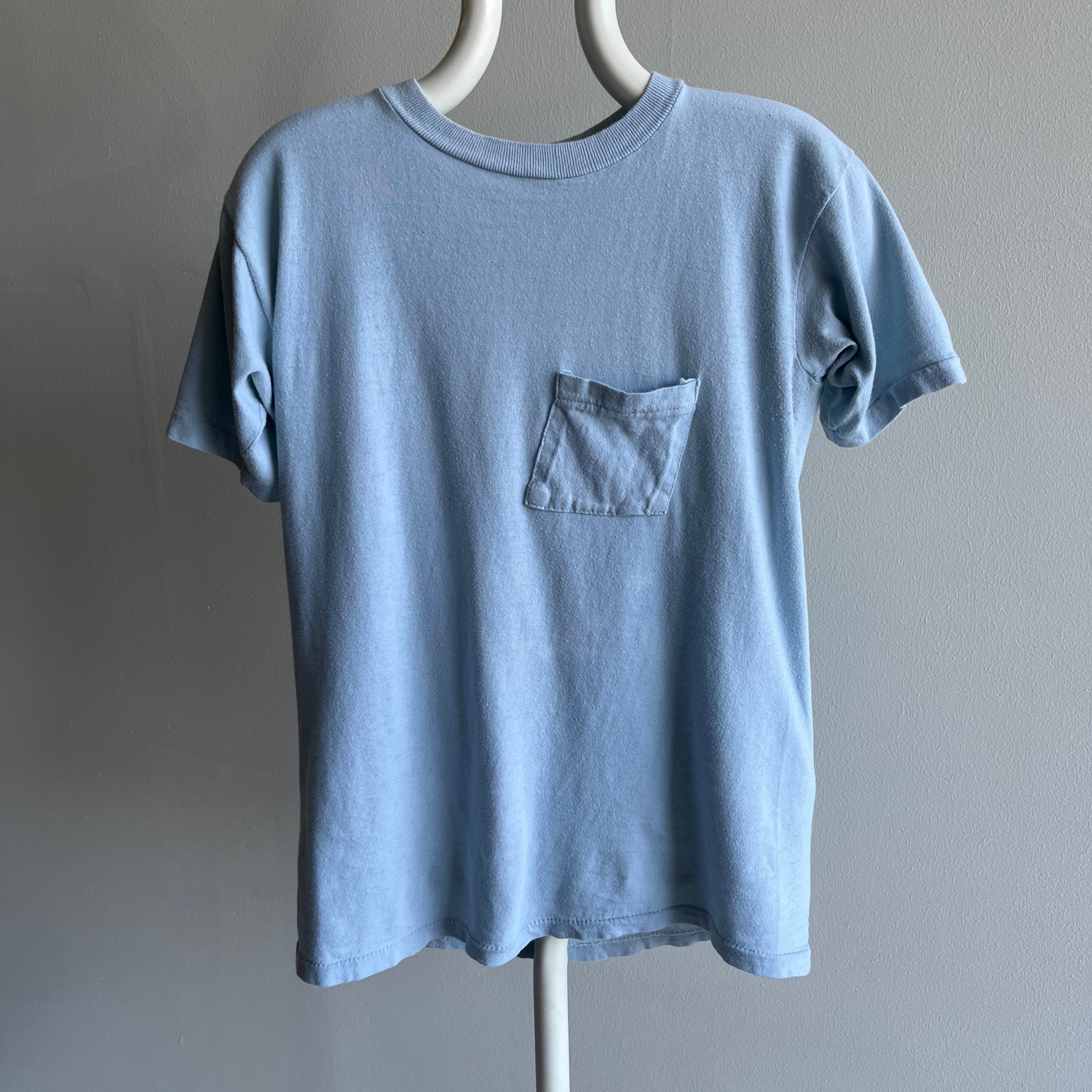 1970s Baby Sky Blue Cotton Knit Pocket T-Shirt