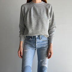 1980s Nicely Tattered Split Collar Blank Gray Sweatshirt