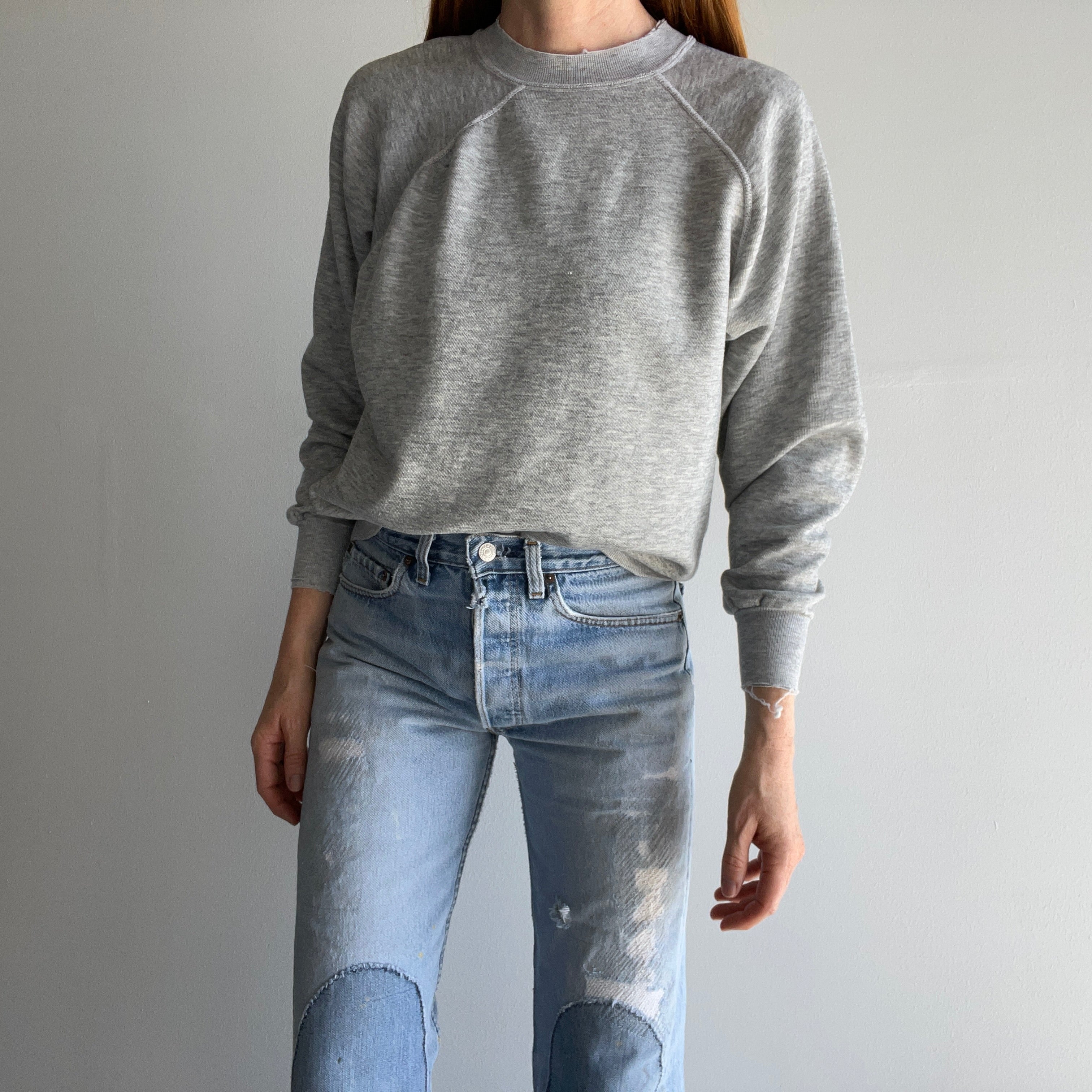 1980s Nicely Tattered Split Collar Blank Gray Sweatshirt