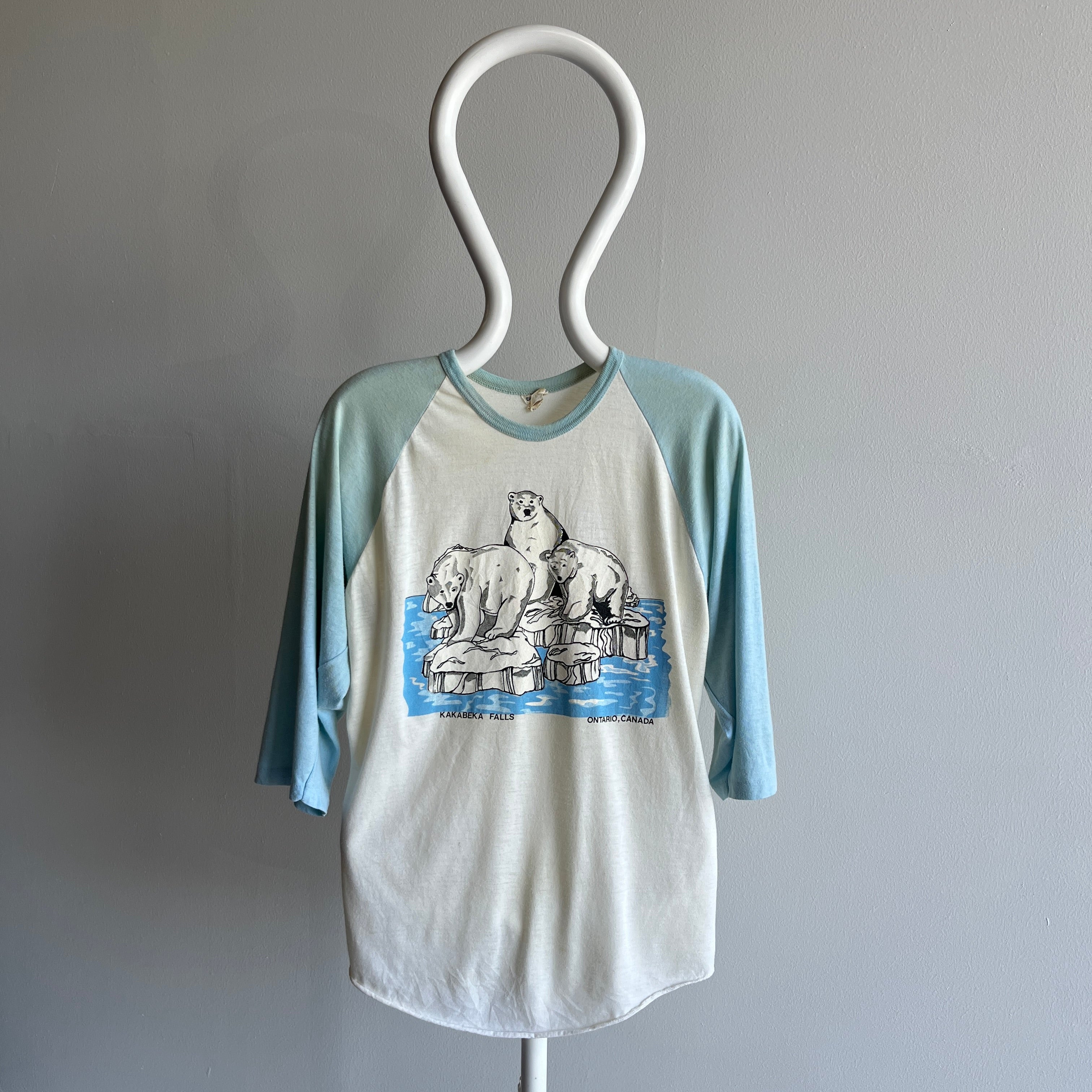 1970/80s Polar Bear Kakabeka Falls, Ontario Canada Aged Baseball T-Shirt