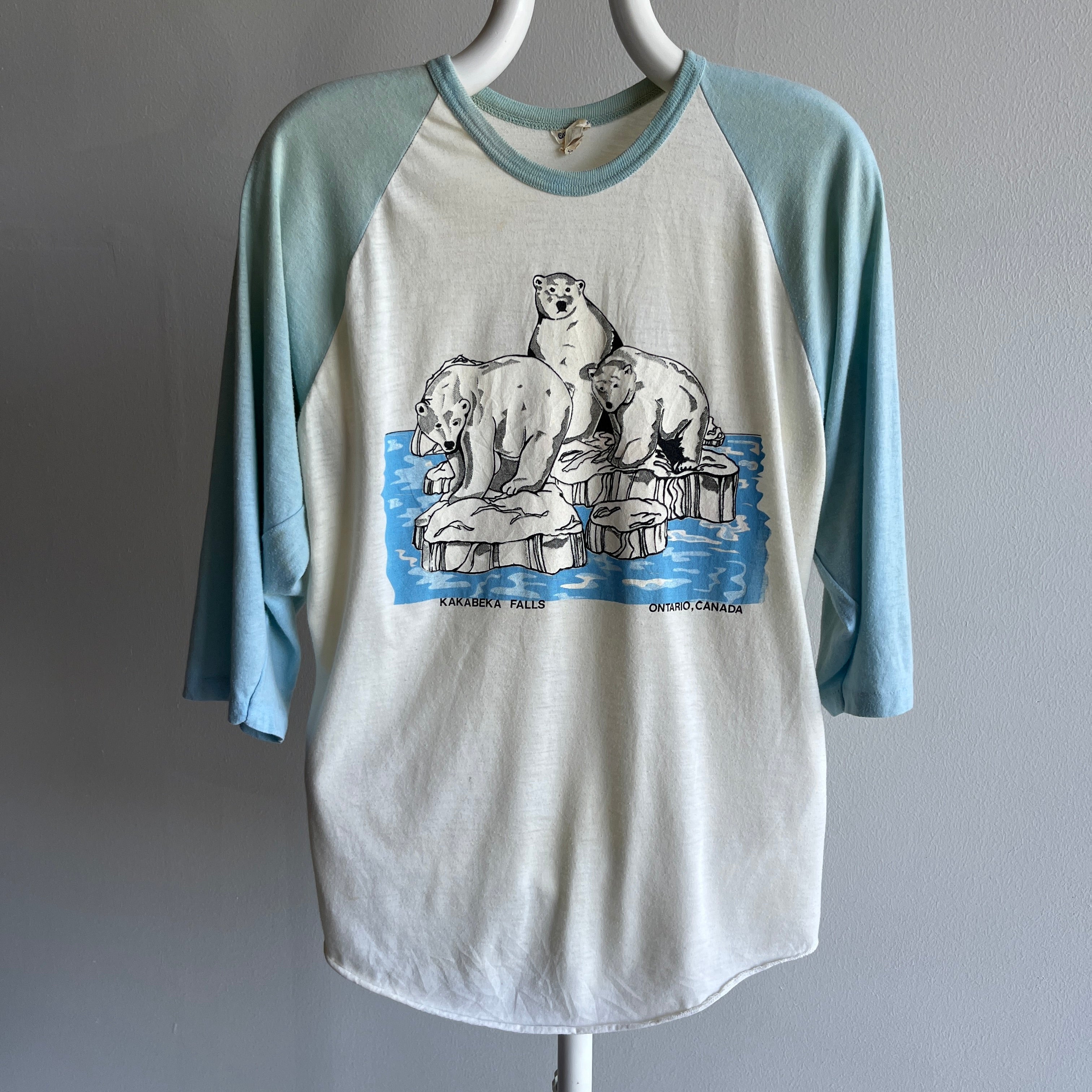 1970/80s Polar Bear Kakabeka Falls, Ontario Canada Aged Baseball T-Shirt