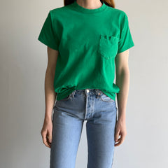 1980s Grass Green Cotton Pocket T-Shirt with Bleach Staining