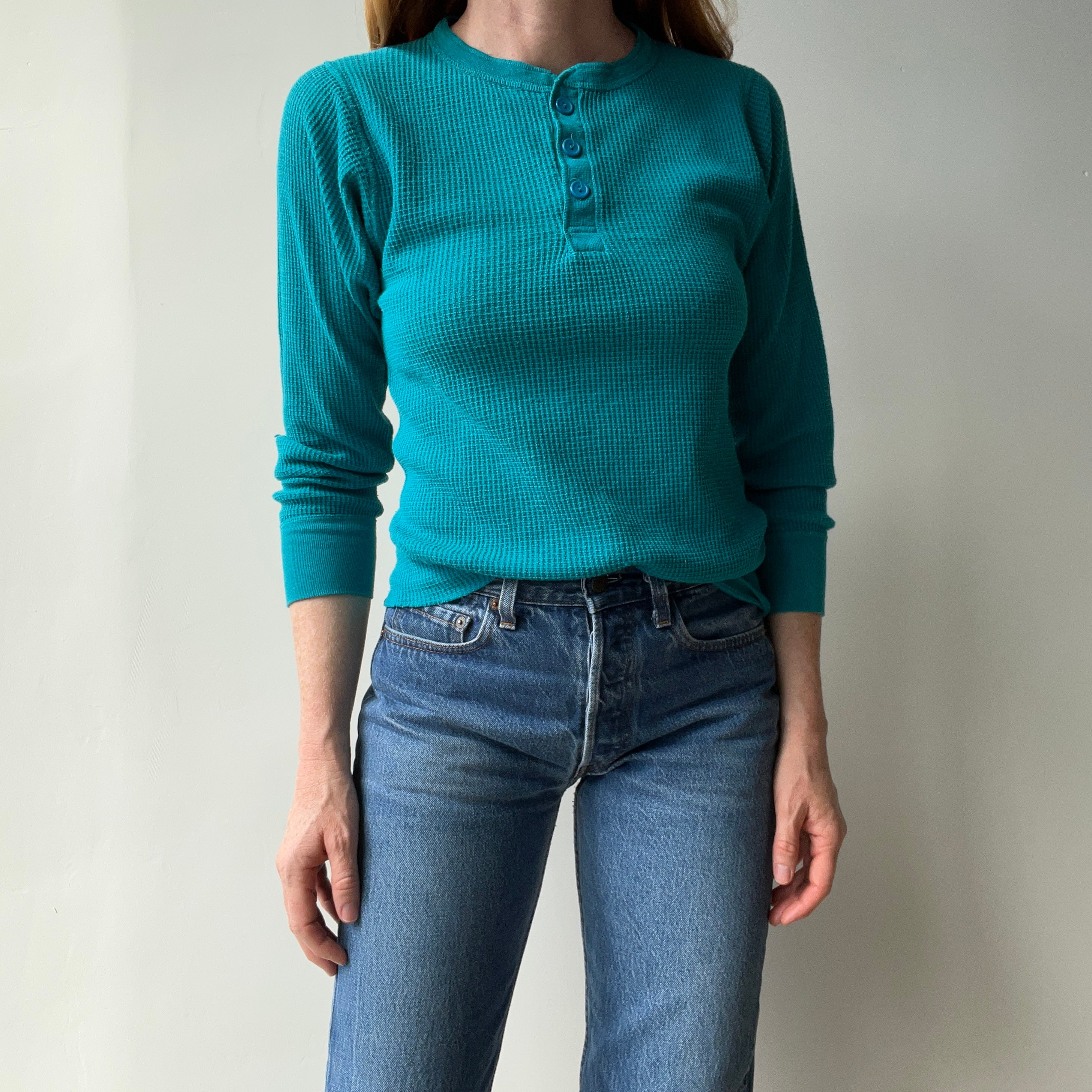 1970/80s Turquoise Henley Long Sleeve Thermal - Swoon