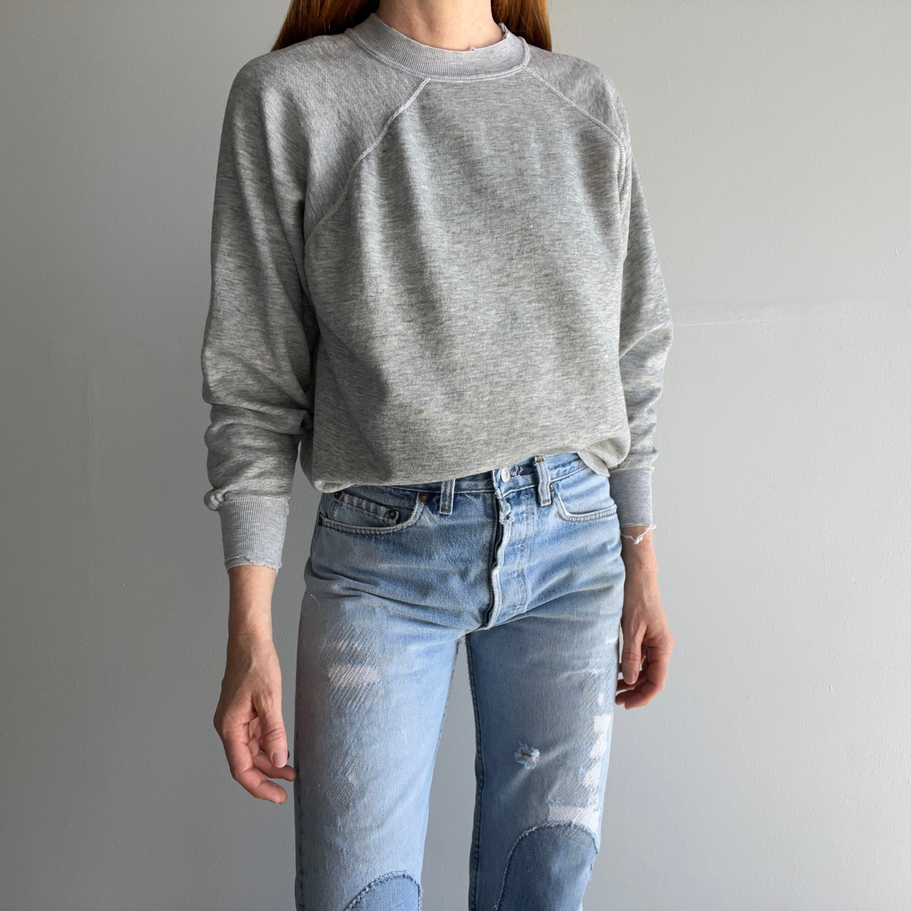 1980s Nicely Tattered Split Collar Blank Gray Sweatshirt