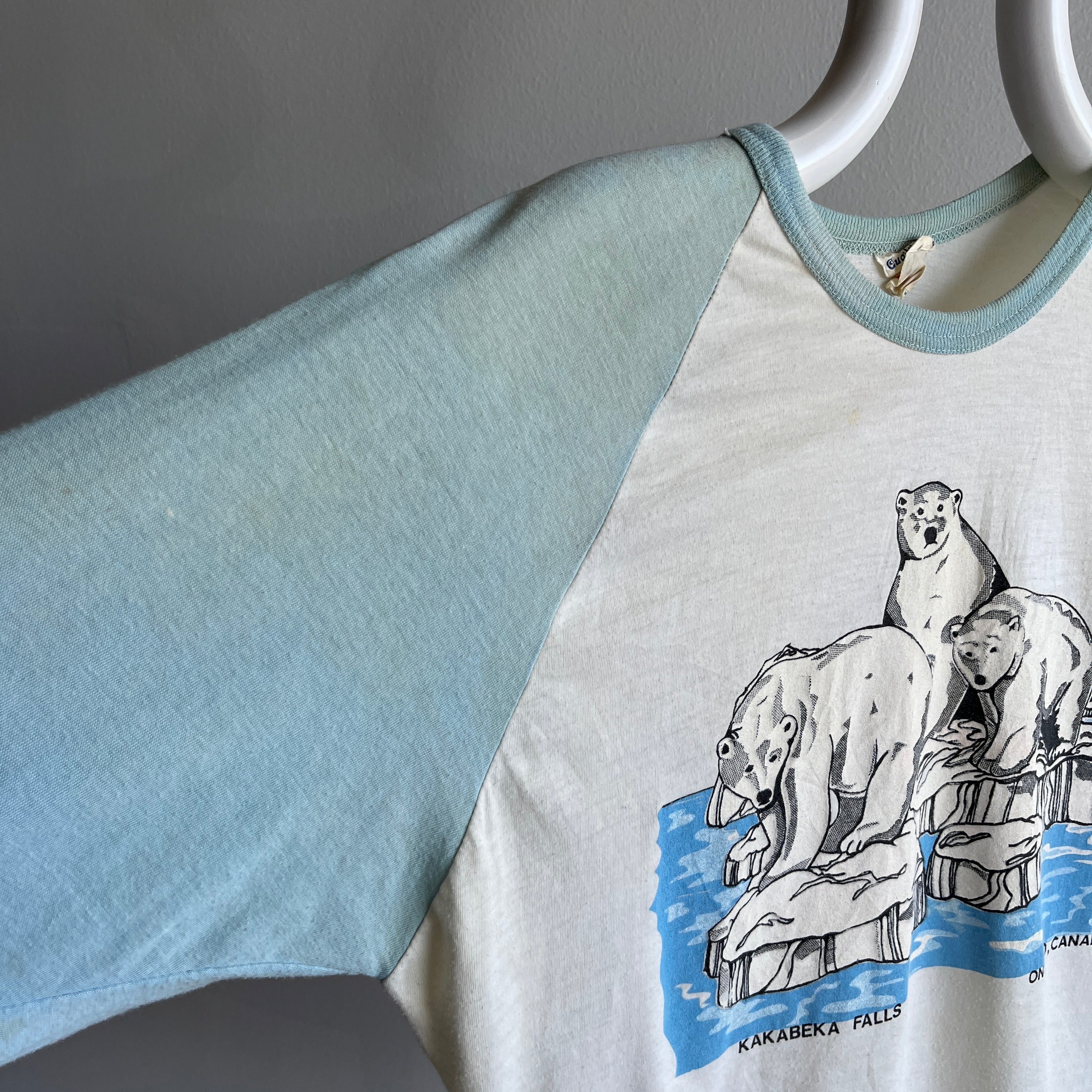 1970/80s Polar Bear Kakabeka Falls, Ontario Canada Aged Baseball T-Shirt