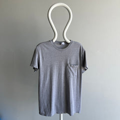 2000s Soft, Slouchy, Stained Blank Gray Pocket T-Shirt by Hanes