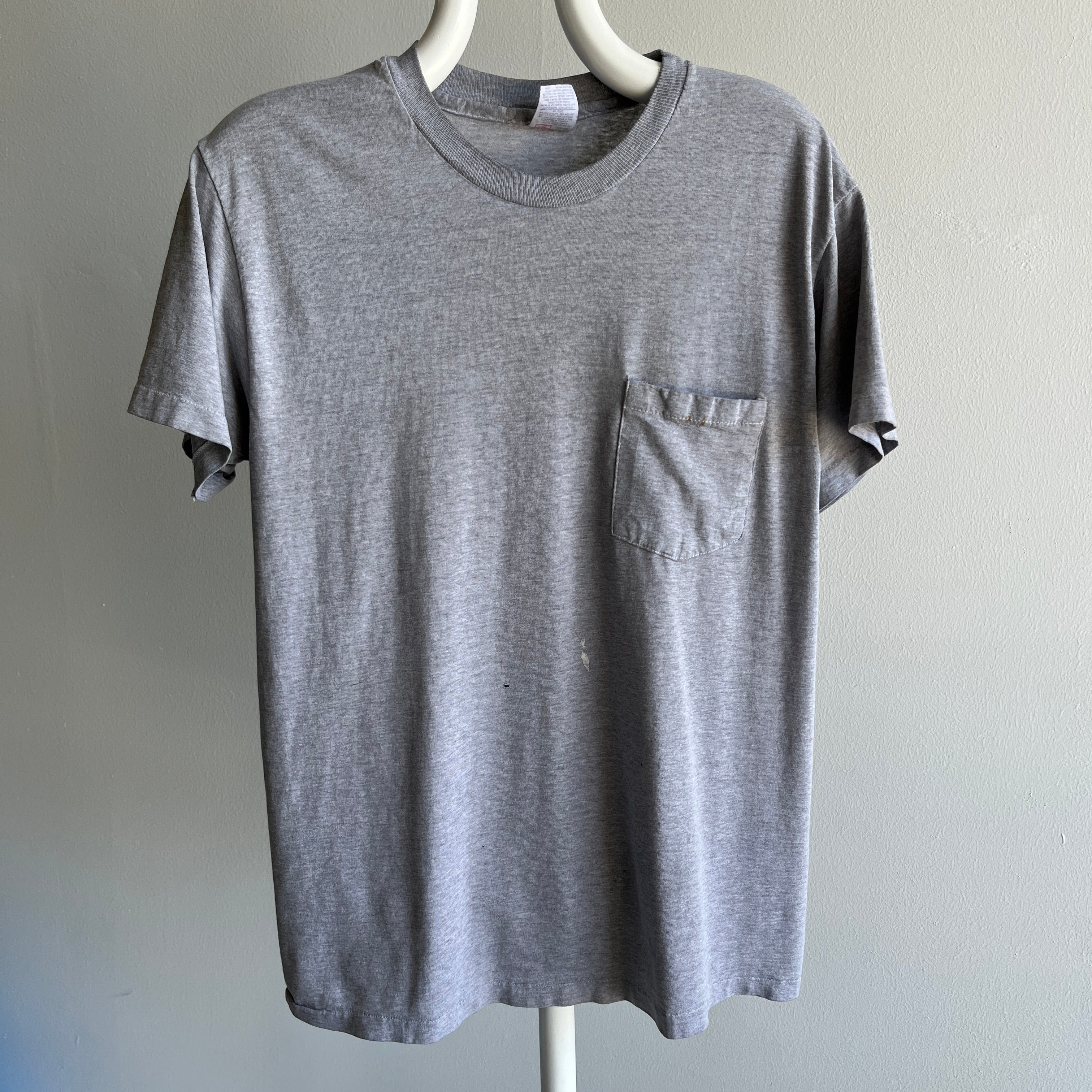 2000s Soft, Slouchy, Stained Blank Gray Pocket T-Shirt by Hanes