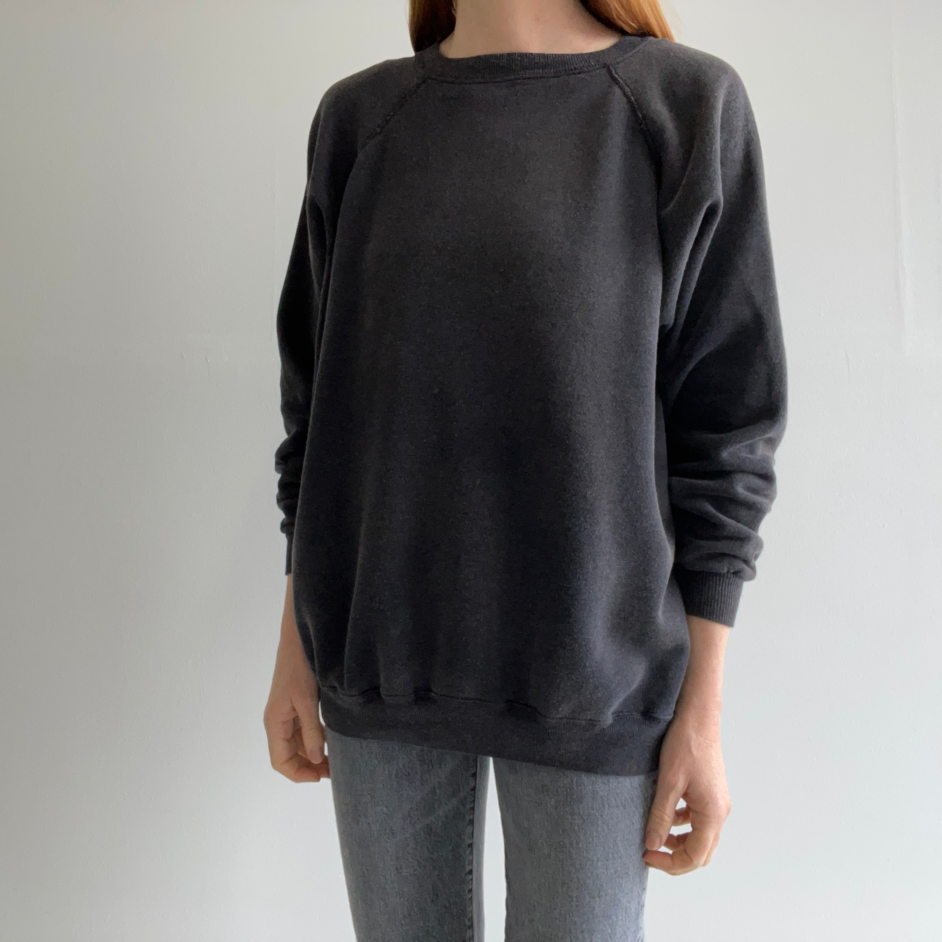 1980s Soft, Slouchy, Luxurious, Stained (but cool) Faded Black/Gray Sweatshirt