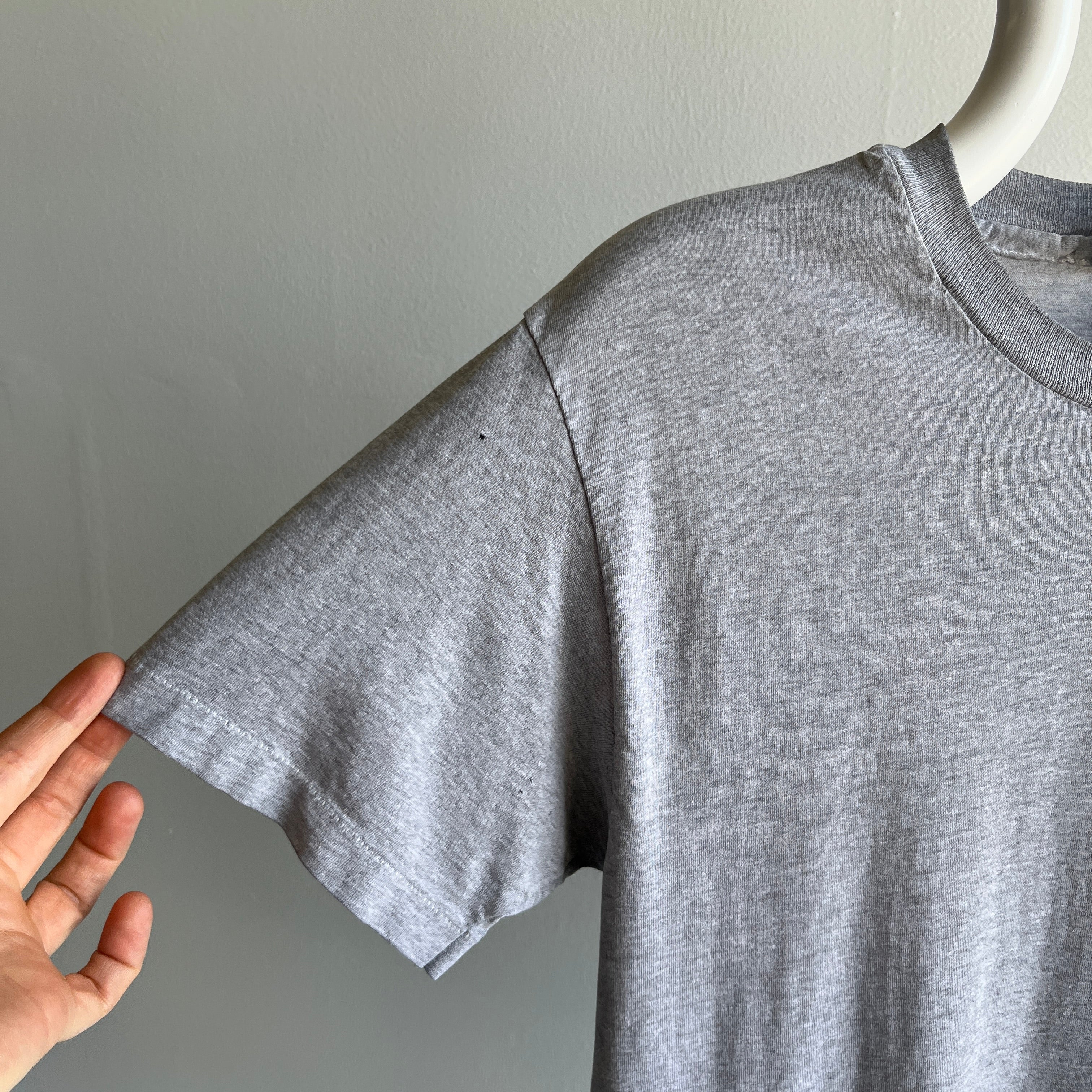 2000s Soft, Slouchy, Stained Blank Gray Pocket T-Shirt by Hanes