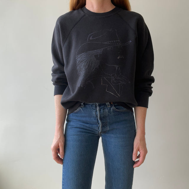 1980s/90s Faded Black Cowgirl Print Sweatshirt - Gimme