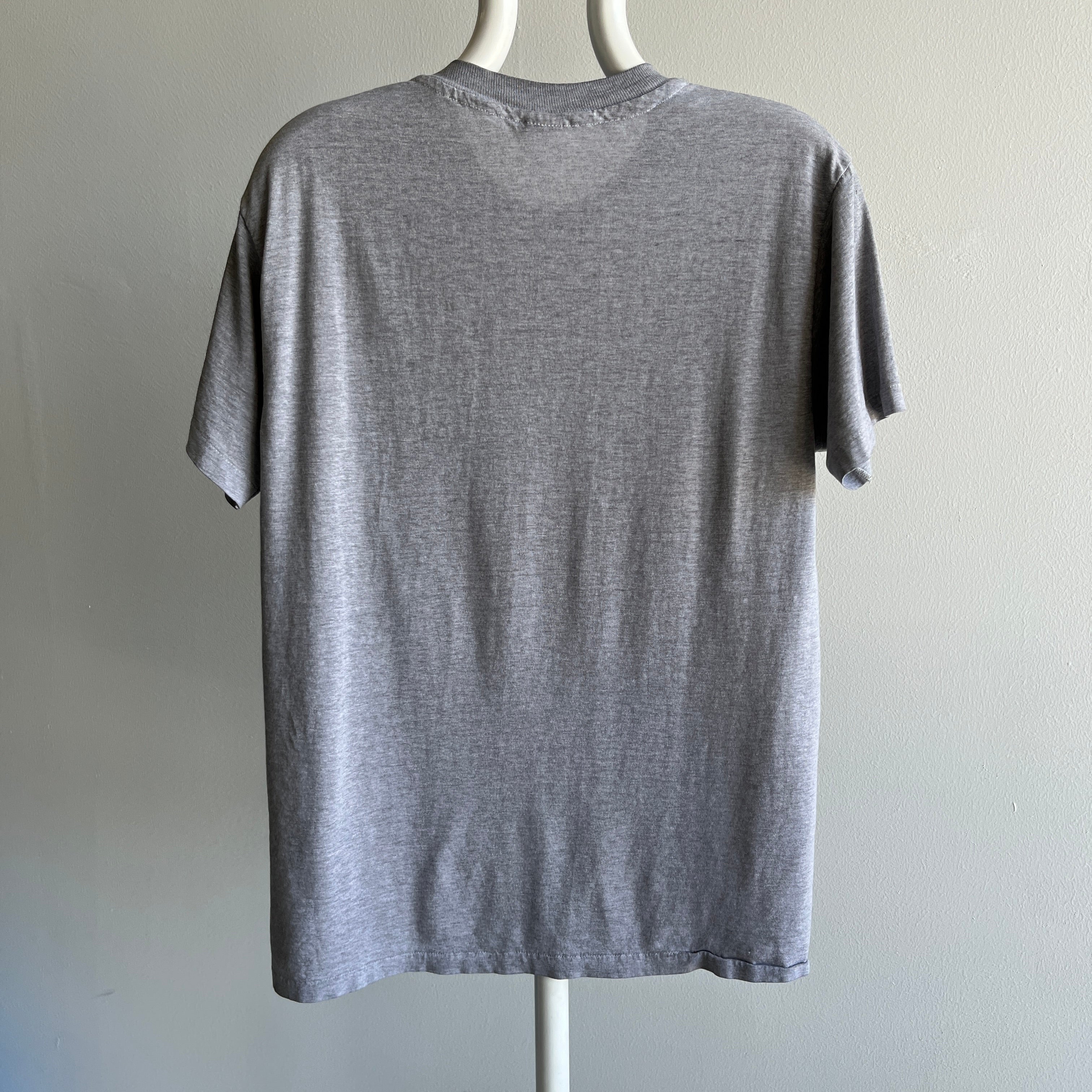 2000s Soft, Slouchy, Stained Blank Gray Pocket T-Shirt by Hanes