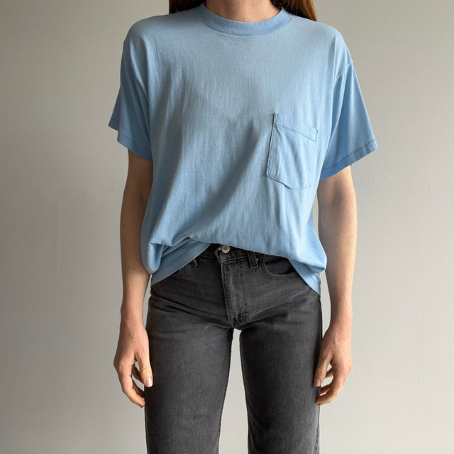 1980s Sky Baby Blue Super Thin, Stained and Slouchy T-Shirt