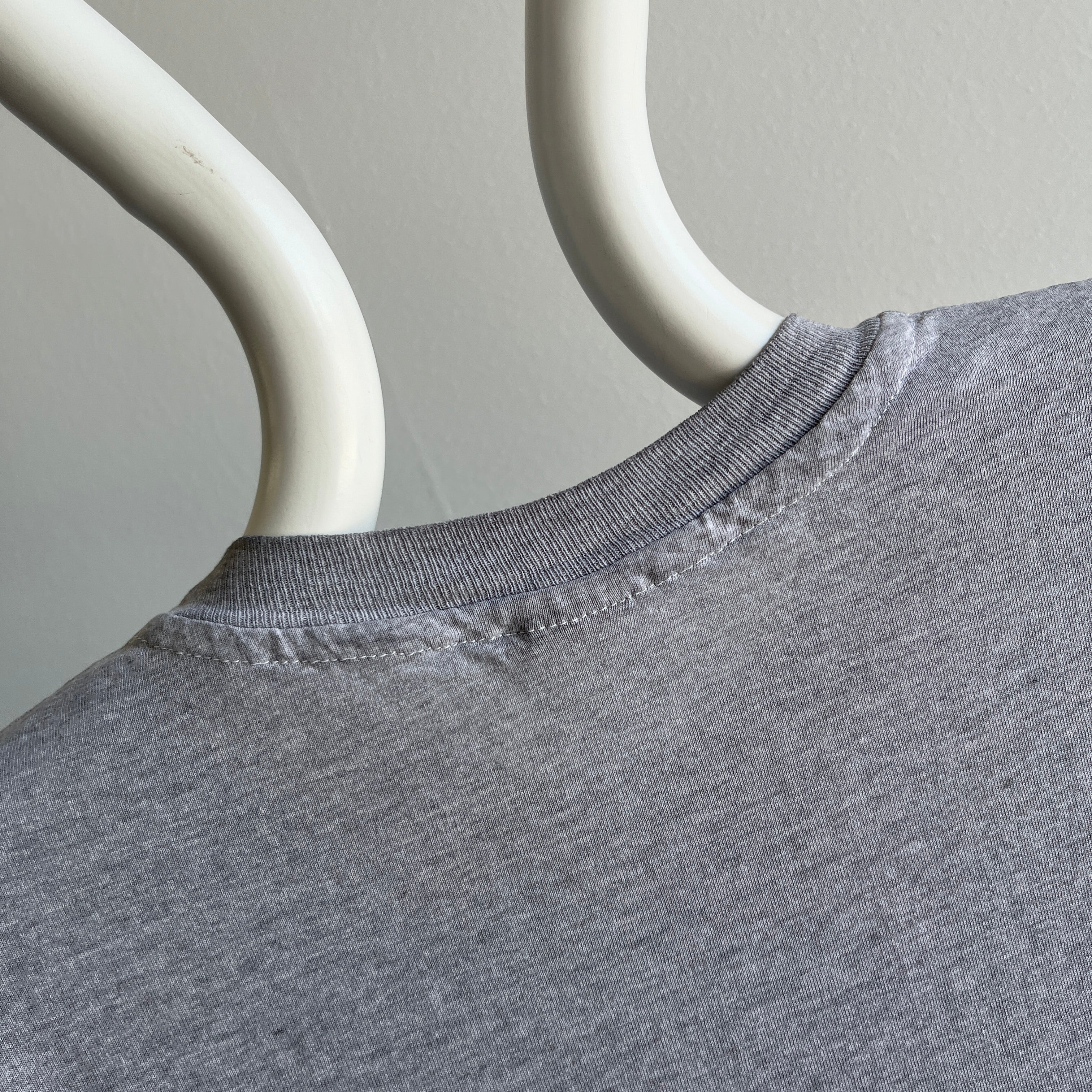 2000s Soft, Slouchy, Stained Blank Gray Pocket T-Shirt by Hanes