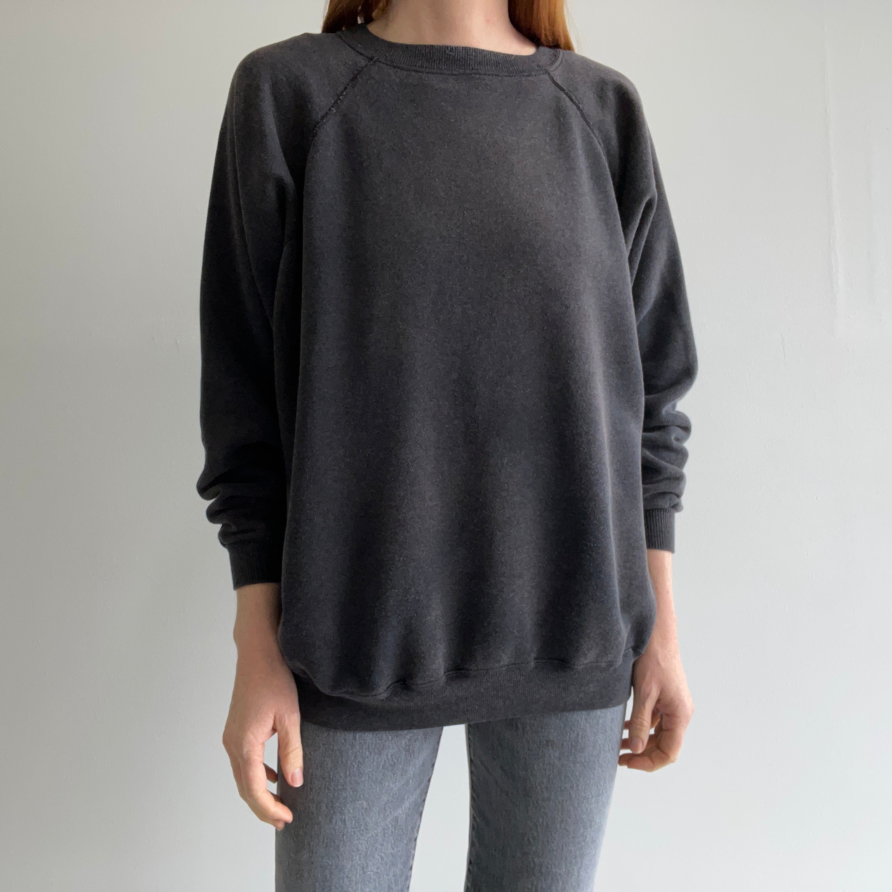 1980s Soft, Slouchy, Luxurious, Stained (but cool) Faded Black/Gray Sweatshirt