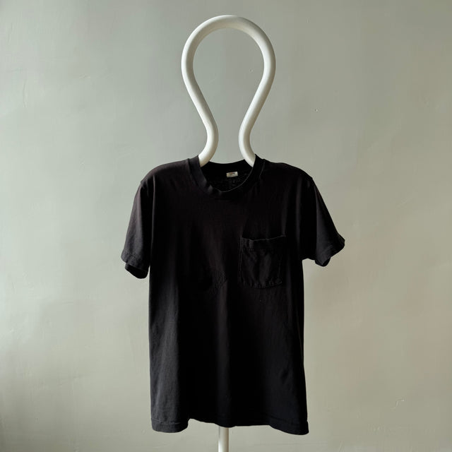 1980s Rad Visible Mending Blank Black Cotton FOTL Selvedge Pocket T-Shirt - HAPPY TO KEEP