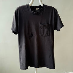 1980s Rad Visible Mending Blank Black Cotton FOTL Selvedge Pocket T-Shirt - HAPPY TO KEEP