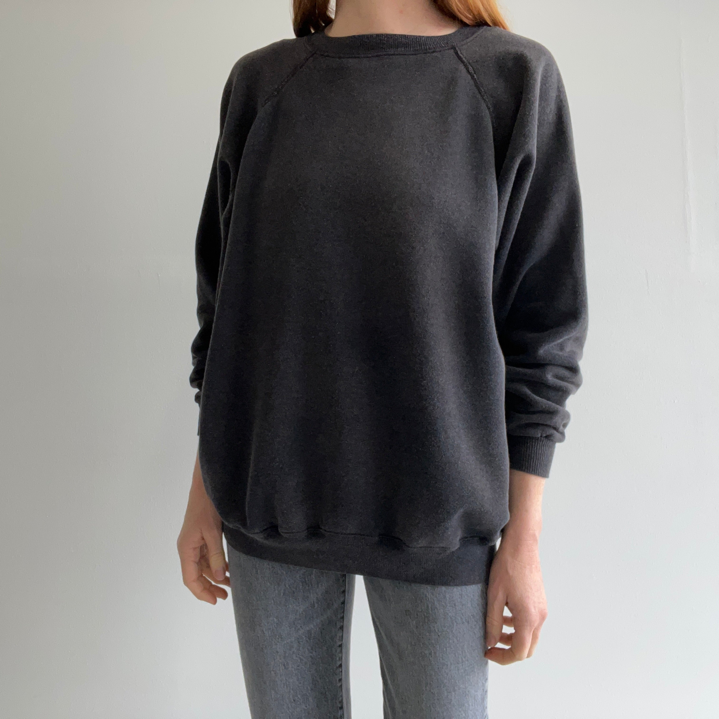 1980s Soft, Slouchy, Luxurious, Stained (but cool) Faded Black/Gray Sweatshirt