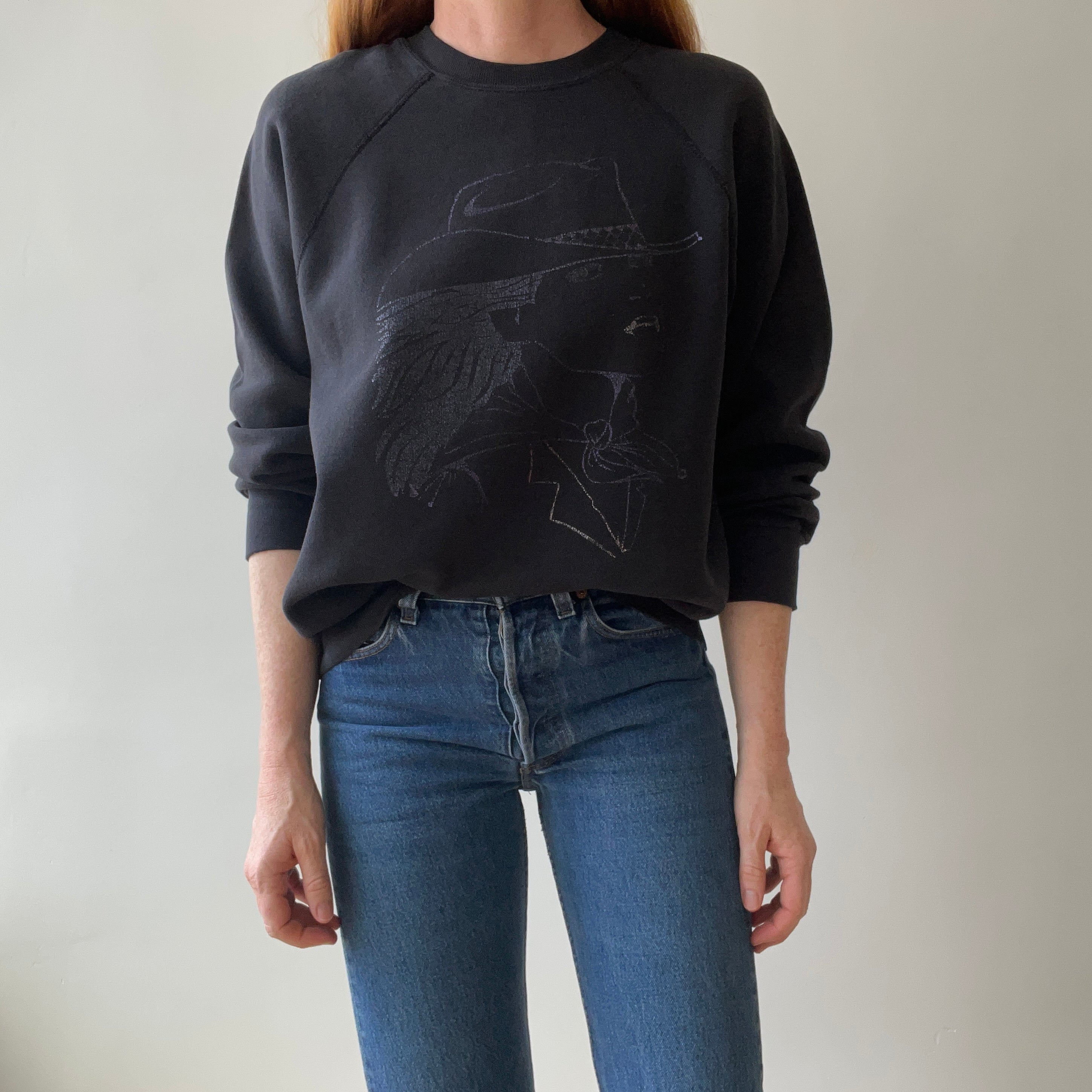 1980s/90s Faded Black Cowgirl Print Sweatshirt - Gimme