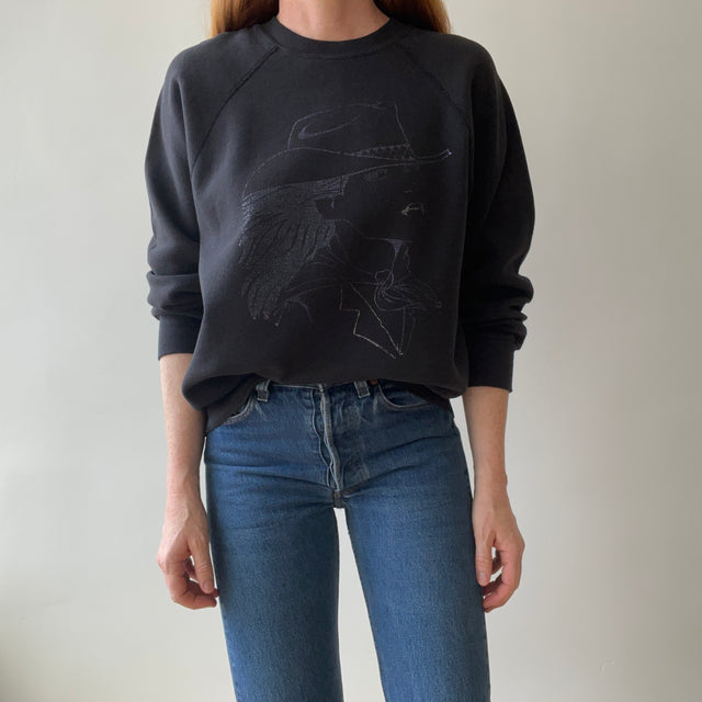 1980s/90s Faded Black Cowgirl Print Sweatshirt - Gimme