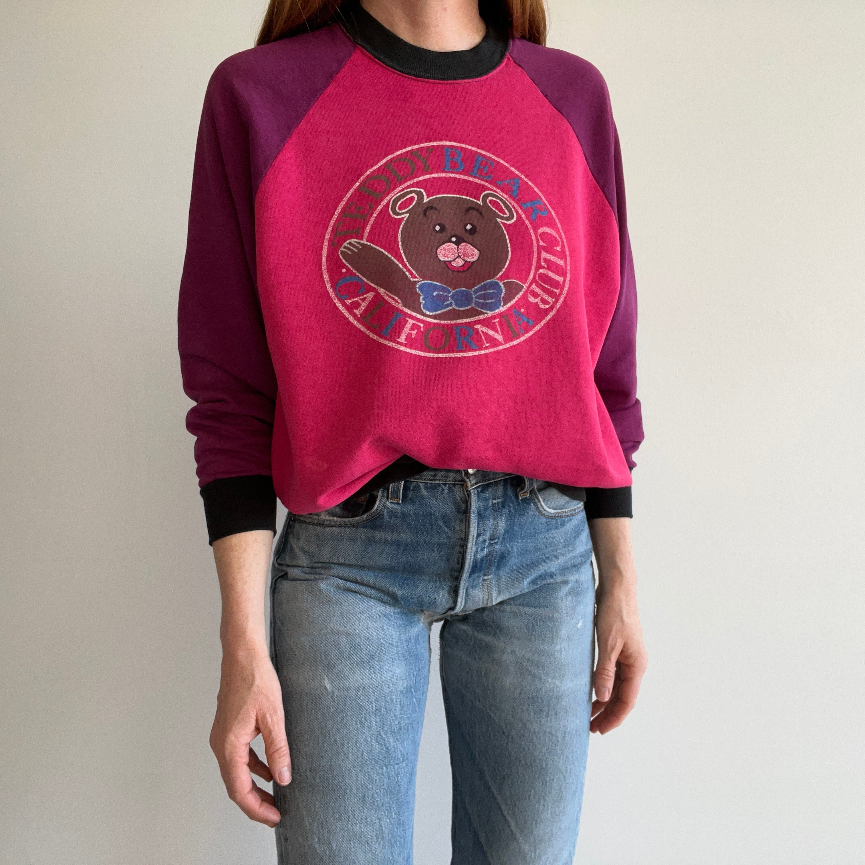 1980s Teddy Bear California Thinned Out Color Block Sweatshirt