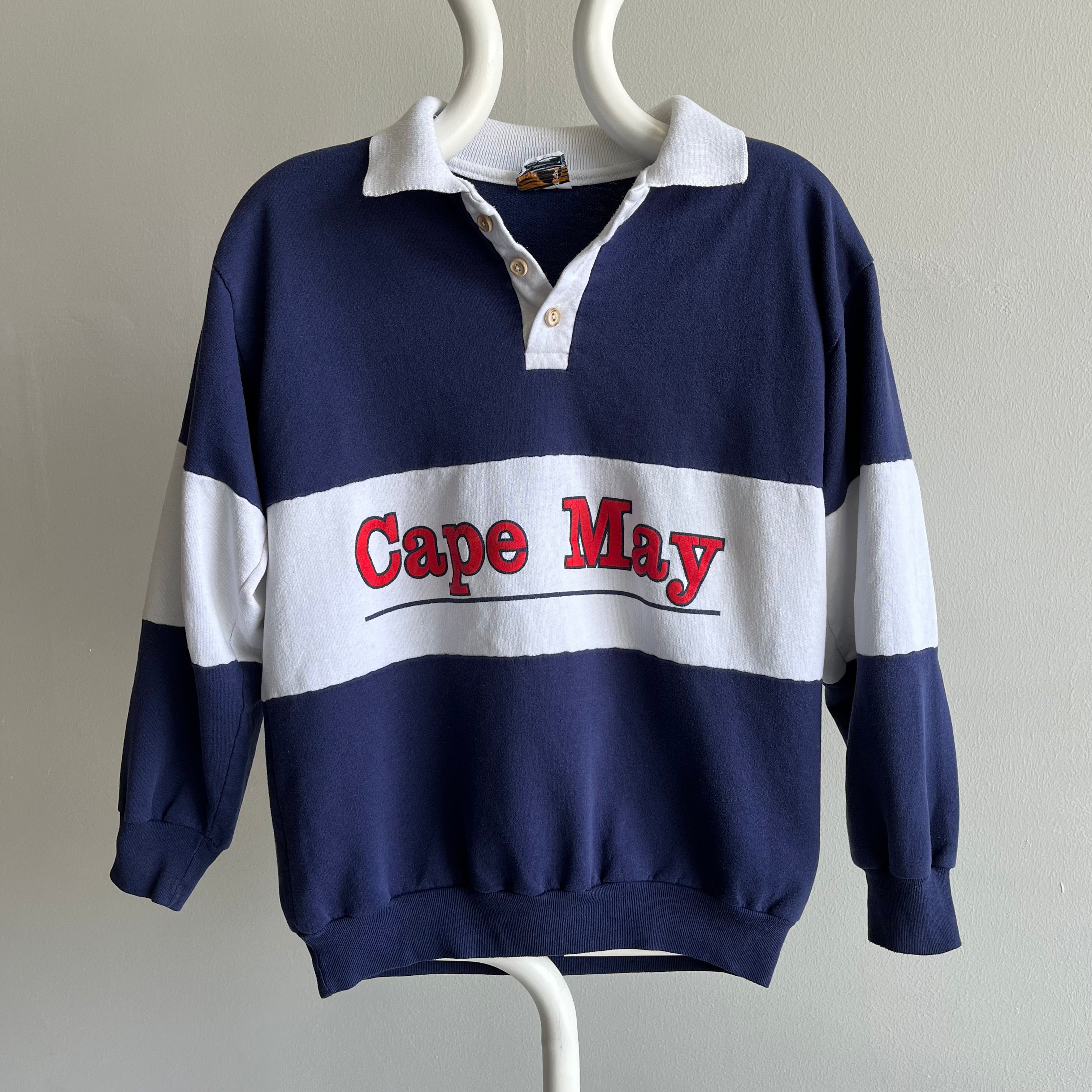 1980s Cape May Color Block Collared Sweatshirt w Wood Buttons :)
