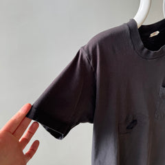 1980s Rad Visible Mending Blank Black Cotton FOTL Selvedge Pocket T-Shirt - HAPPY TO KEEP