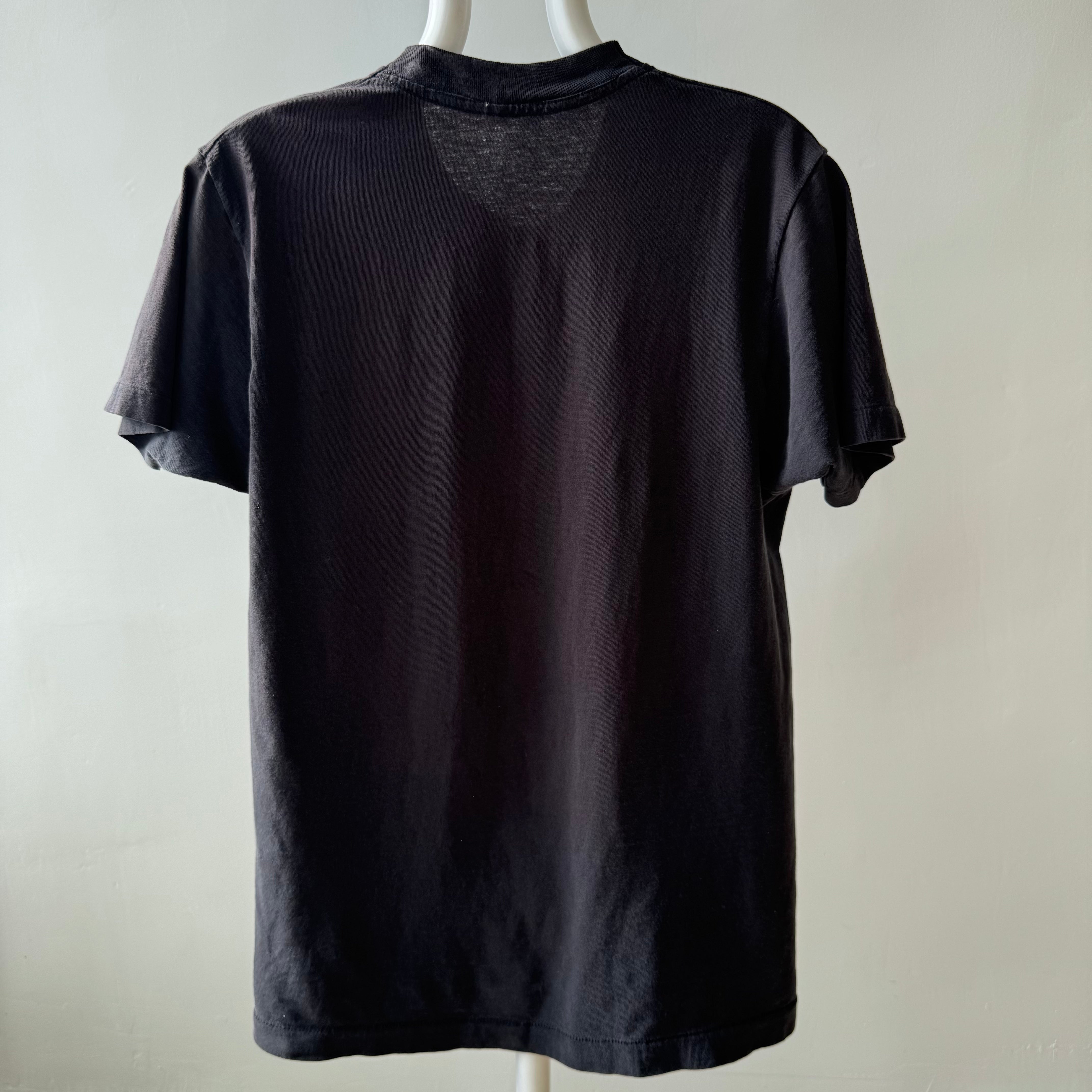 1980s Rad Visible Mending Blank Black Cotton FOTL Selvedge Pocket T-Shirt - HAPPY TO KEEP