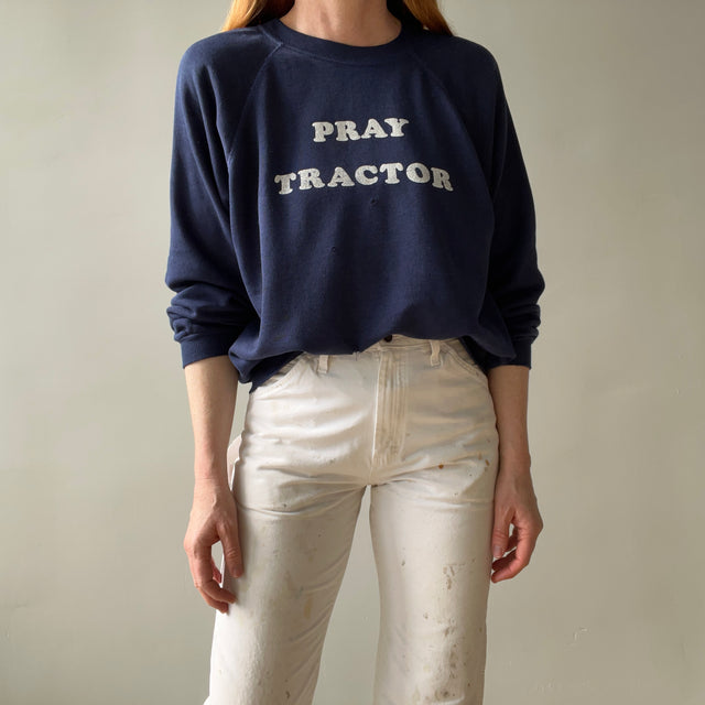 1980s "Pray Tractor" Sweatshirt with Beautiful Hand Mending on the Backside