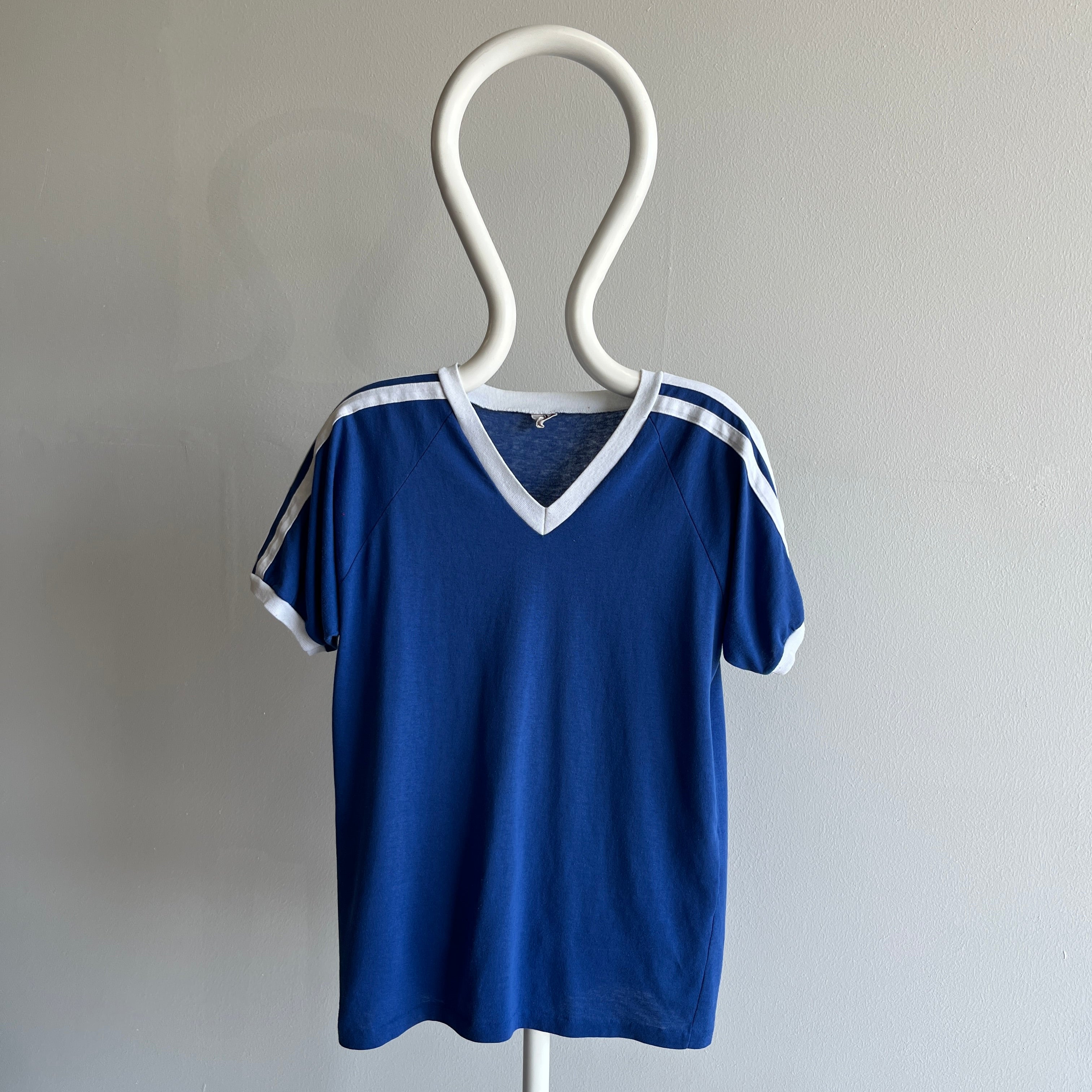 1970/80s Royal Blue and White V-Neck Triple Stripe T-Shirt