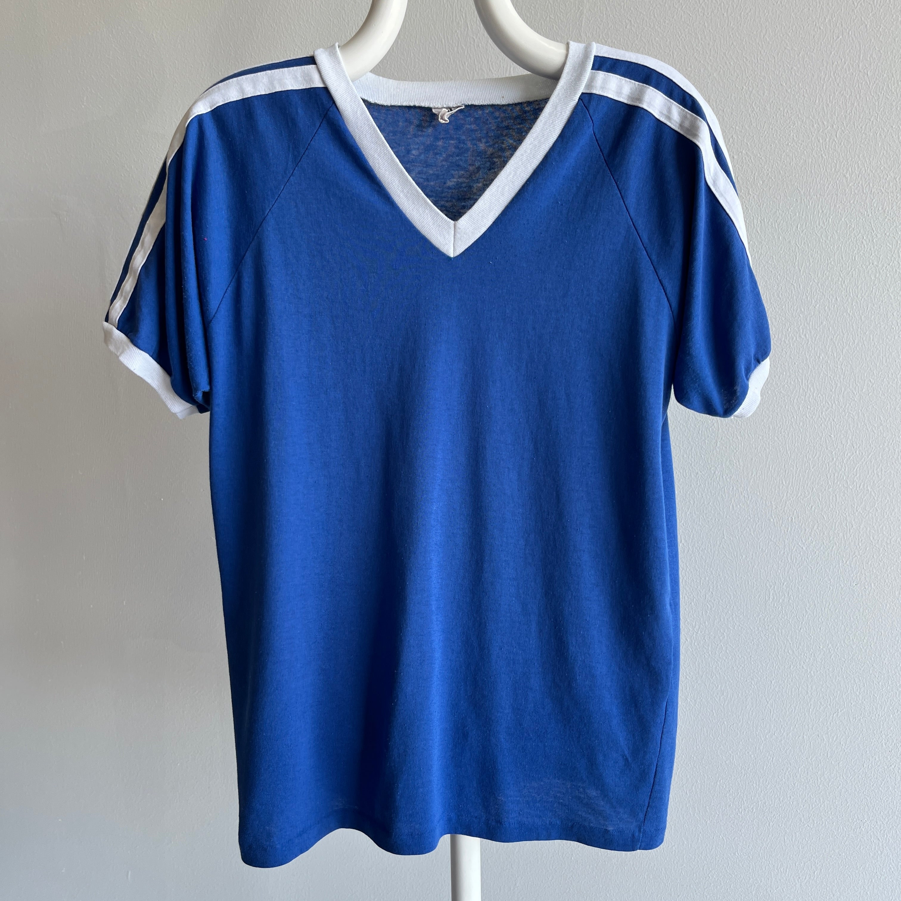 1970/80s Royal Blue and White V-Neck Triple Stripe T-Shirt