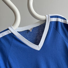 1970/80s Royal Blue and White V-Neck Triple Stripe T-Shirt