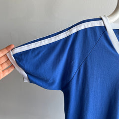 1970/80s Royal Blue and White V-Neck Triple Stripe T-Shirt