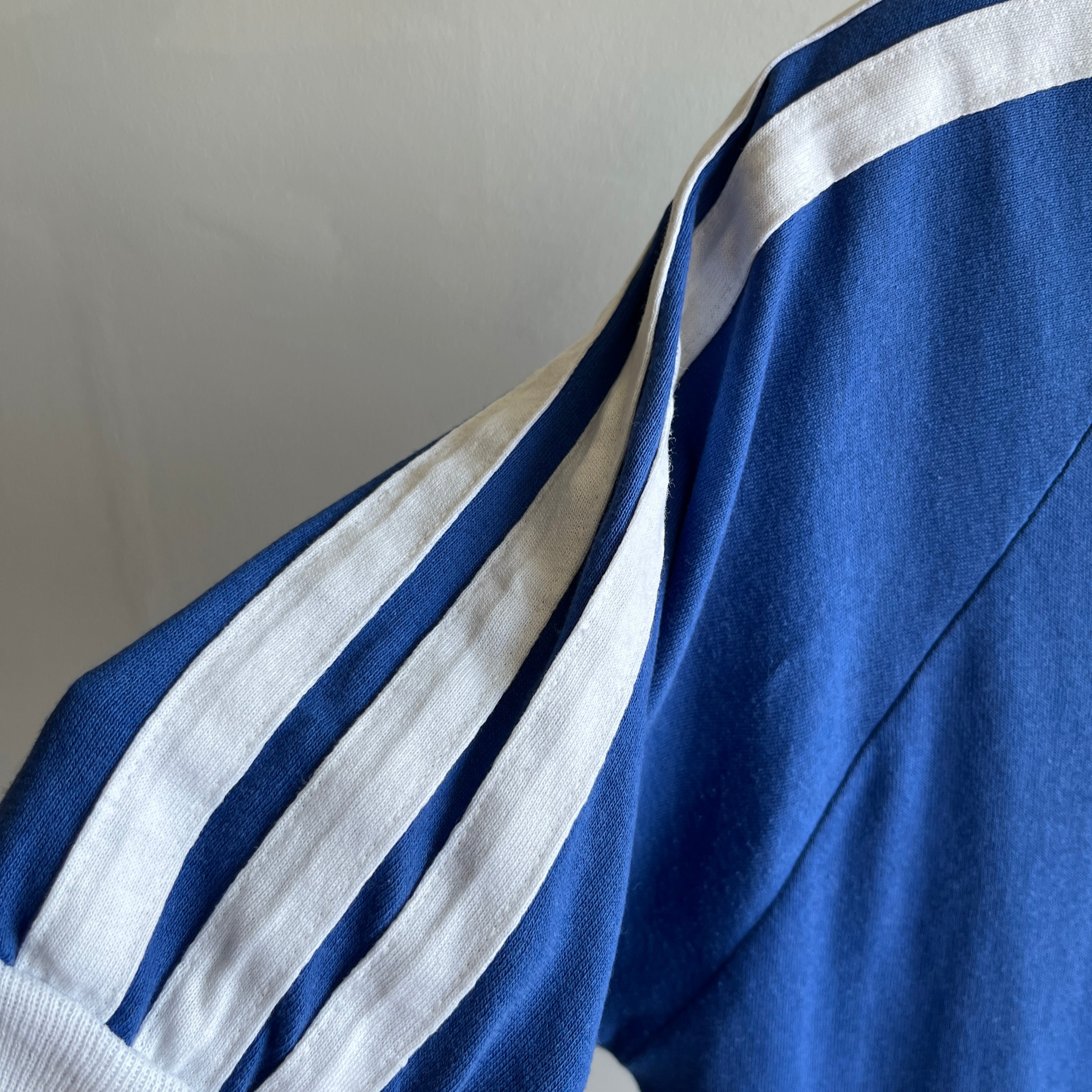 1970/80s Royal Blue and White V-Neck Triple Stripe T-Shirt