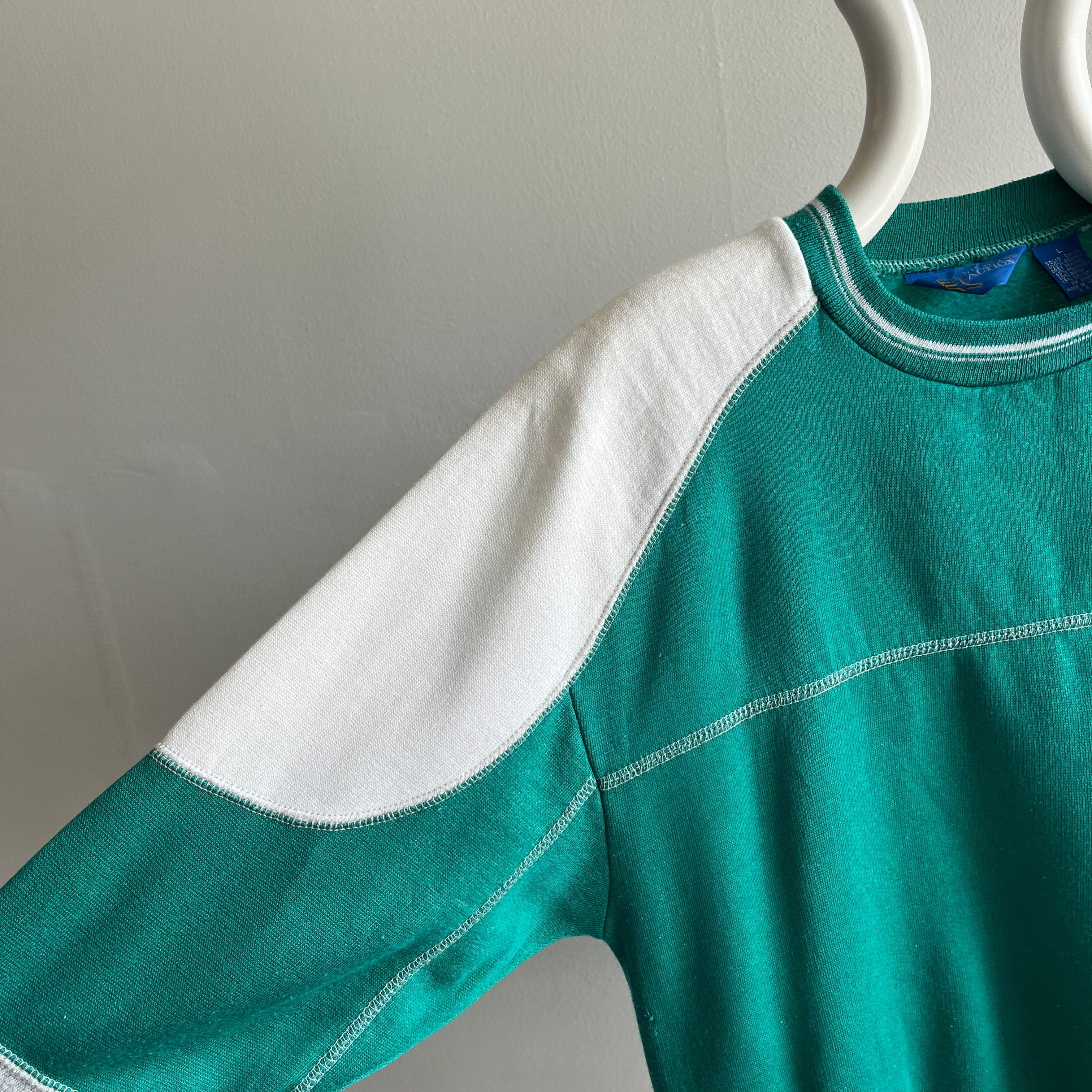 1980s Teal, White and Gray Color Block Sweatshirt