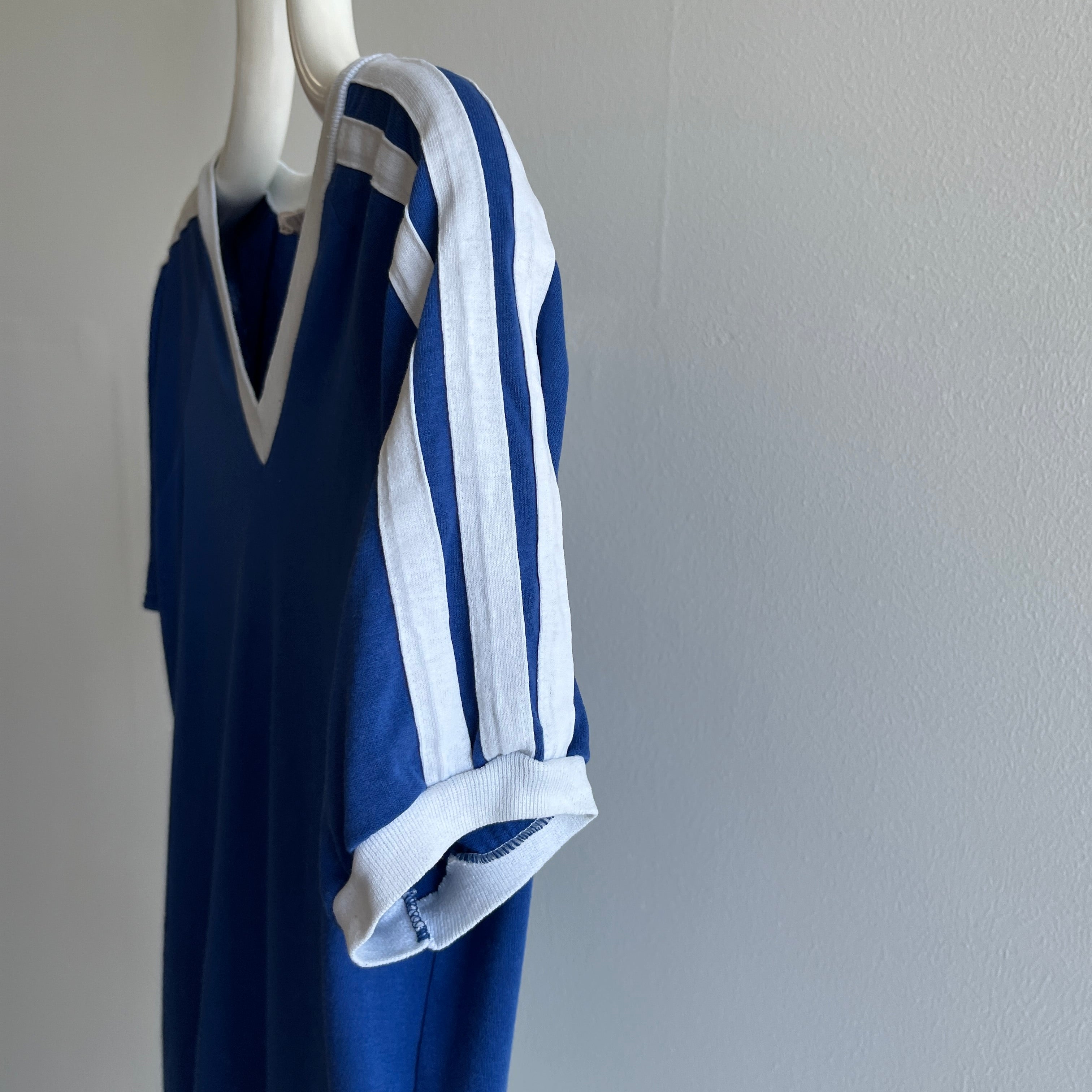 1970/80s Royal Blue and White V-Neck Triple Stripe T-Shirt