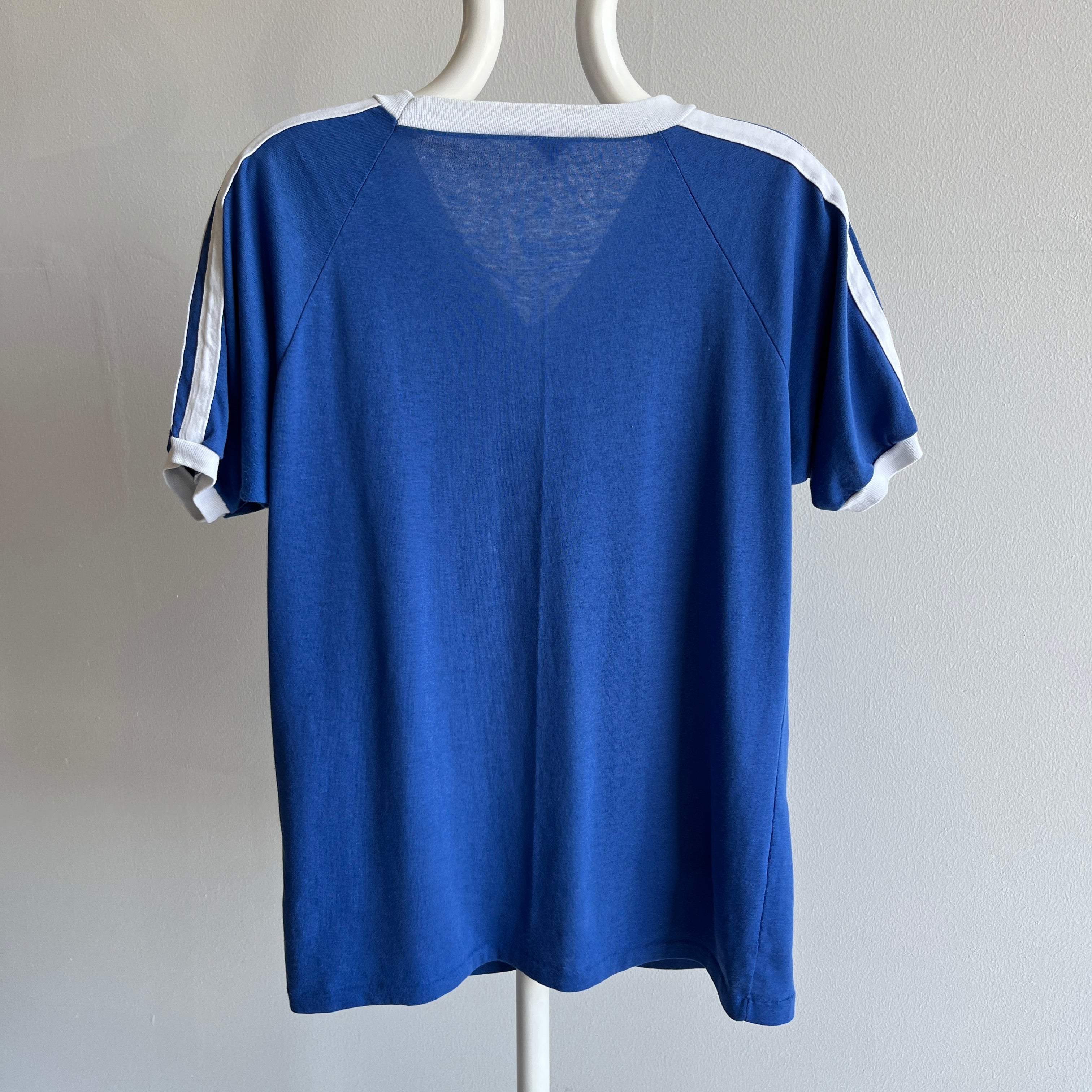 1970/80s Royal Blue and White V-Neck Triple Stripe T-Shirt